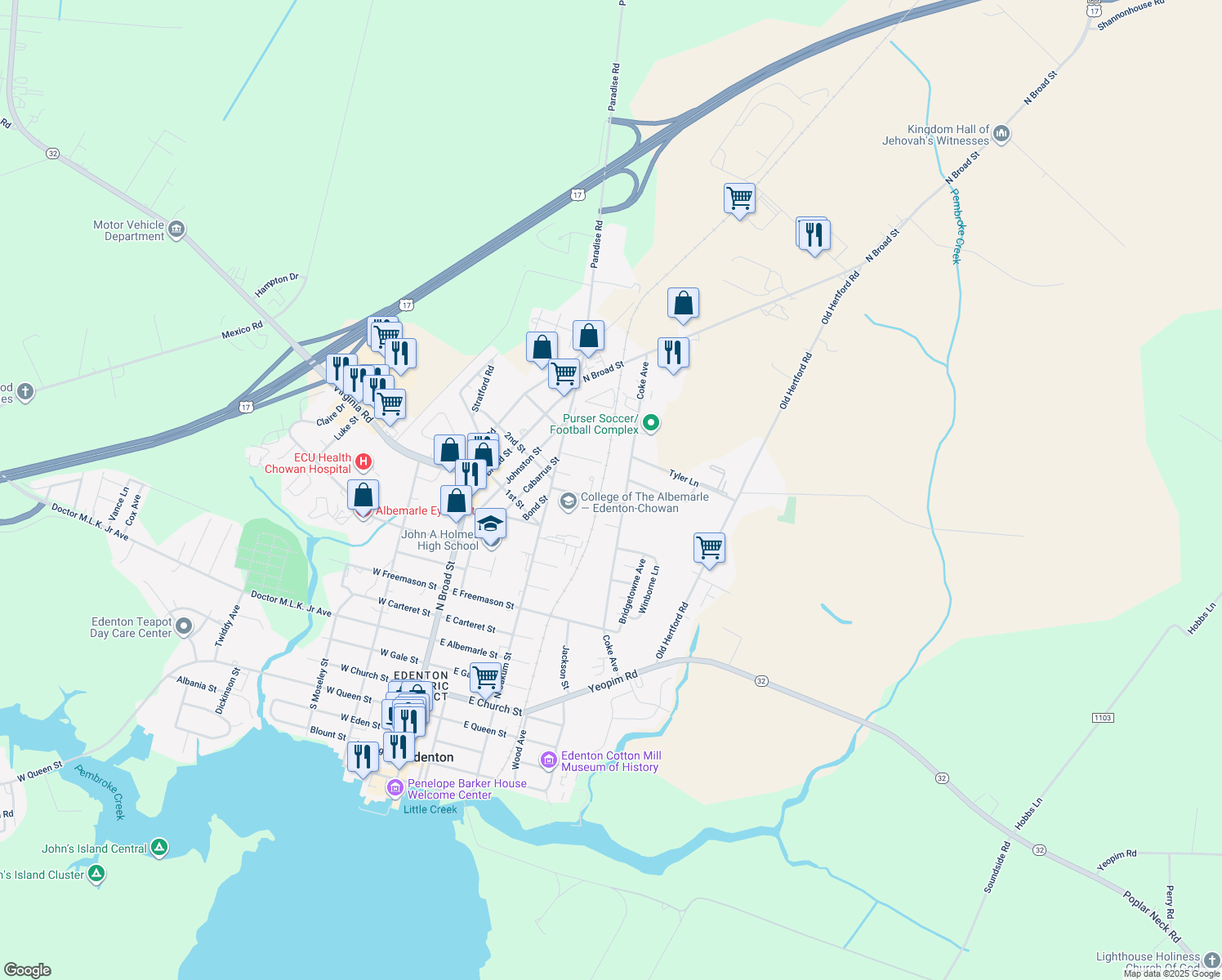 map of restaurants, bars, coffee shops, grocery stores, and more near 307 Coke Avenue in Edenton