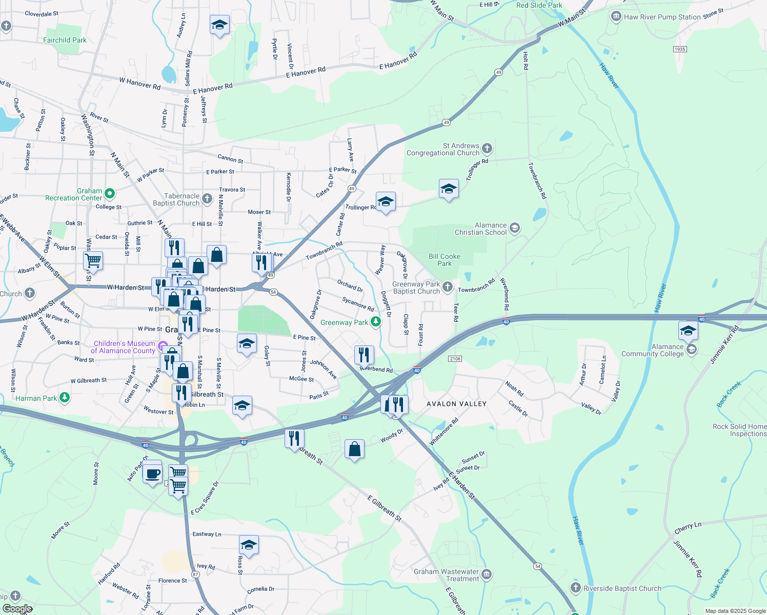 map of restaurants, bars, coffee shops, grocery stores, and more near 812 Sycamore Road in Graham