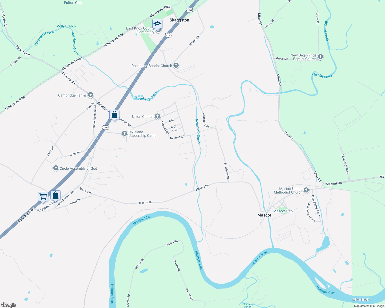 map of restaurants, bars, coffee shops, grocery stores, and more near 2124 Shipetown Road in Mascot