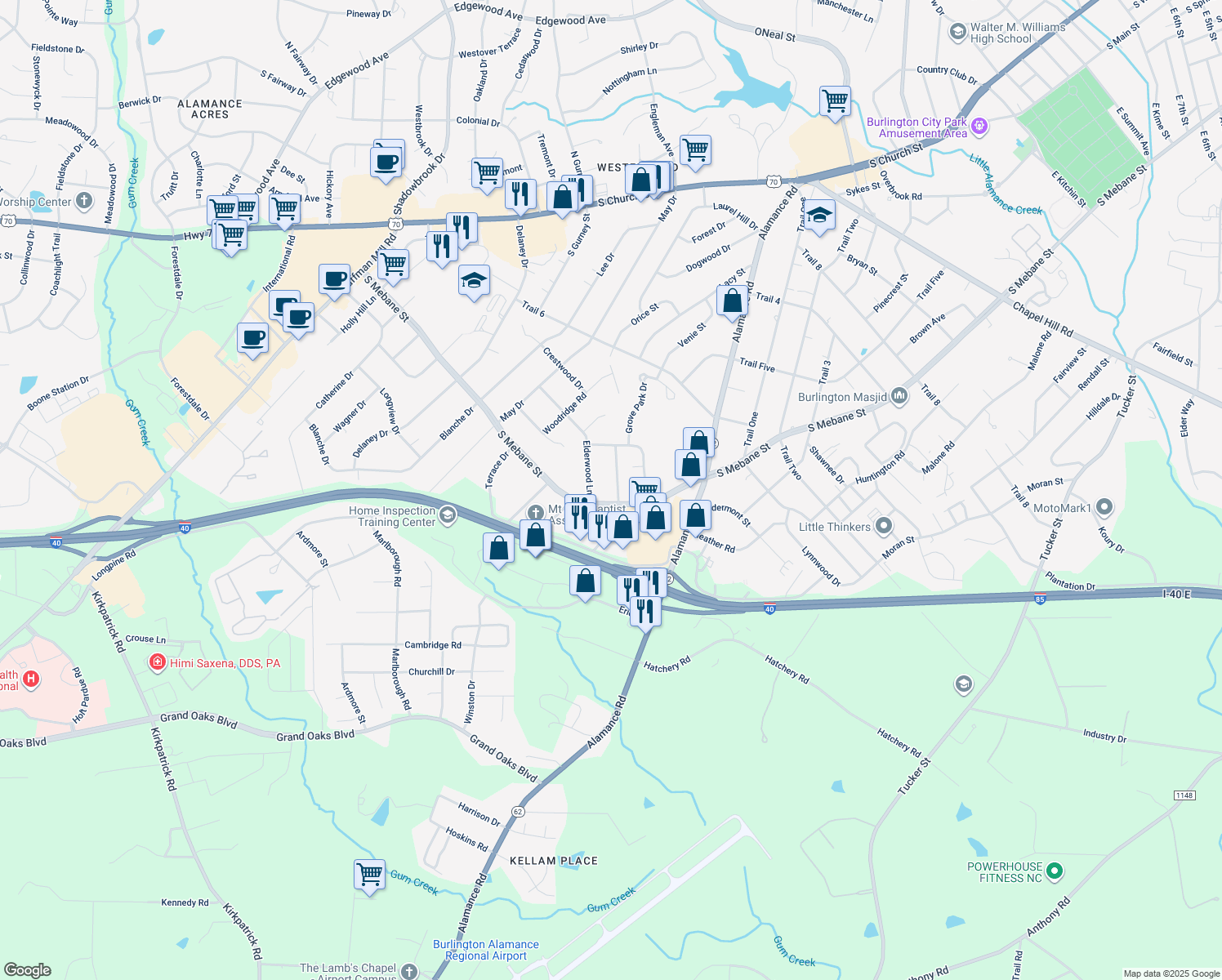 map of restaurants, bars, coffee shops, grocery stores, and more near 2513 Columbine Lane in Burlington