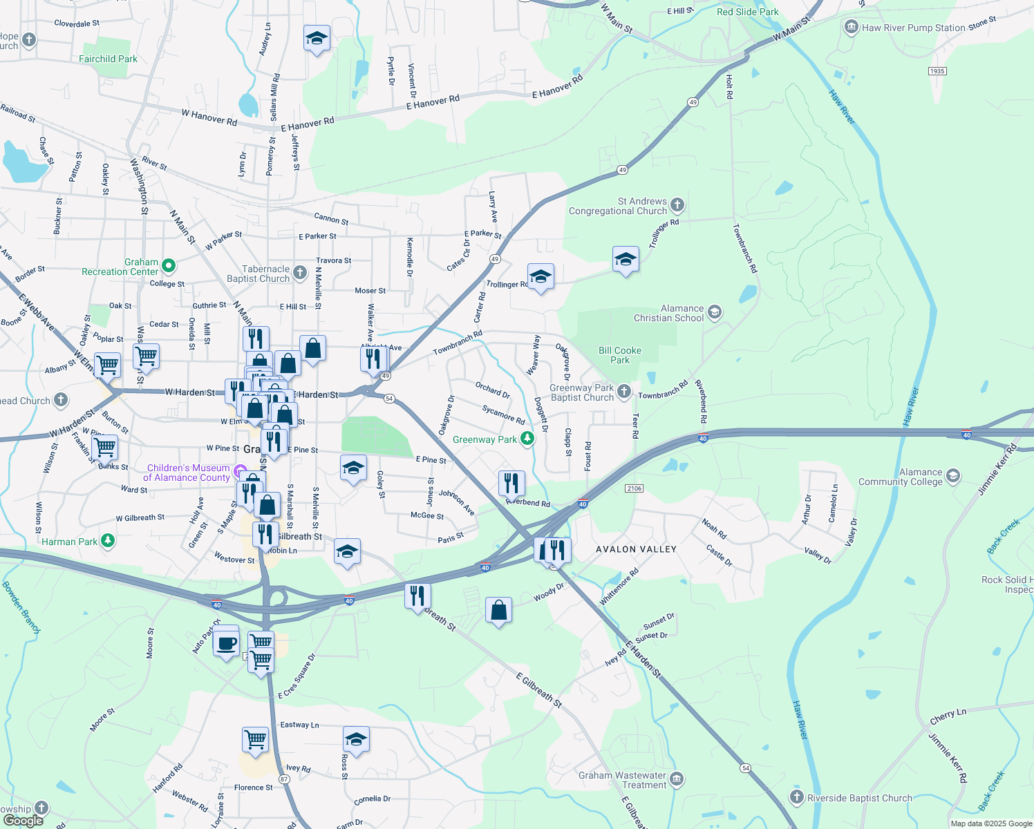 map of restaurants, bars, coffee shops, grocery stores, and more near 802 Sycamore Road in Graham