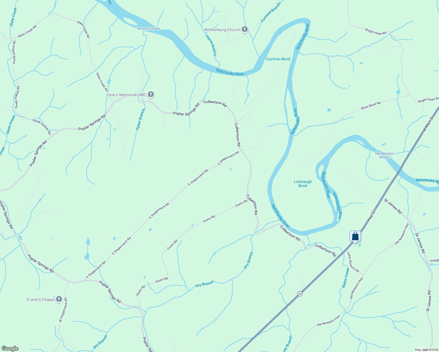 map of restaurants, bars, coffee shops, grocery stores, and more near 241 East Stage Coach Road in Greeneville