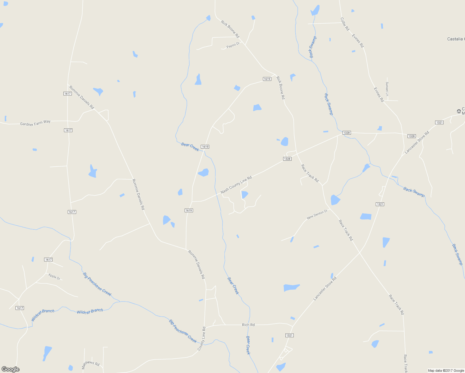 map of restaurants, bars, coffee shops, grocery stores, and more near 189 Nash County Line Road in Castalia