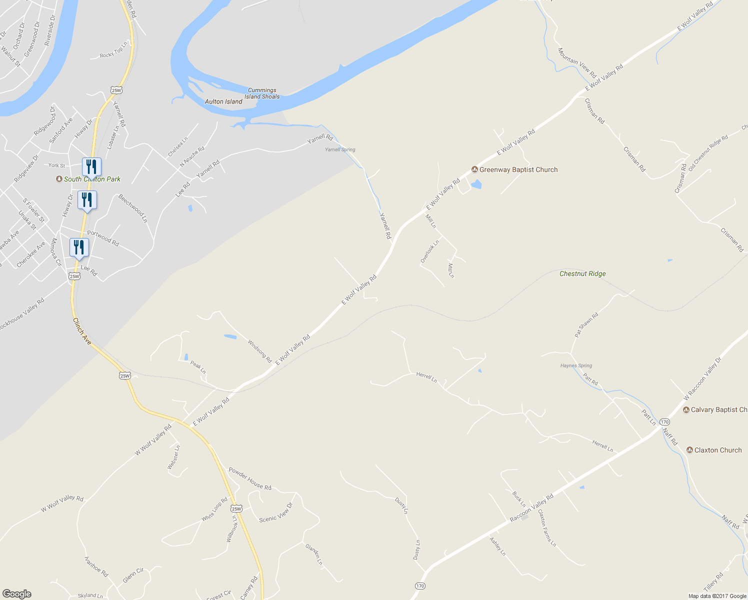 map of restaurants, bars, coffee shops, grocery stores, and more near 2255 East Wolf Valley Road in Clinton