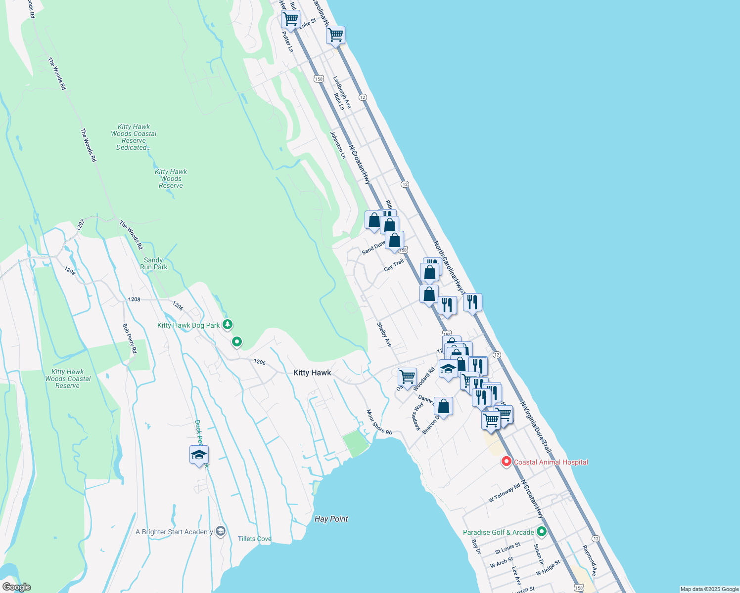 map of restaurants, bars, coffee shops, grocery stores, and more near 3403 Barnacle Lane in Kitty Hawk