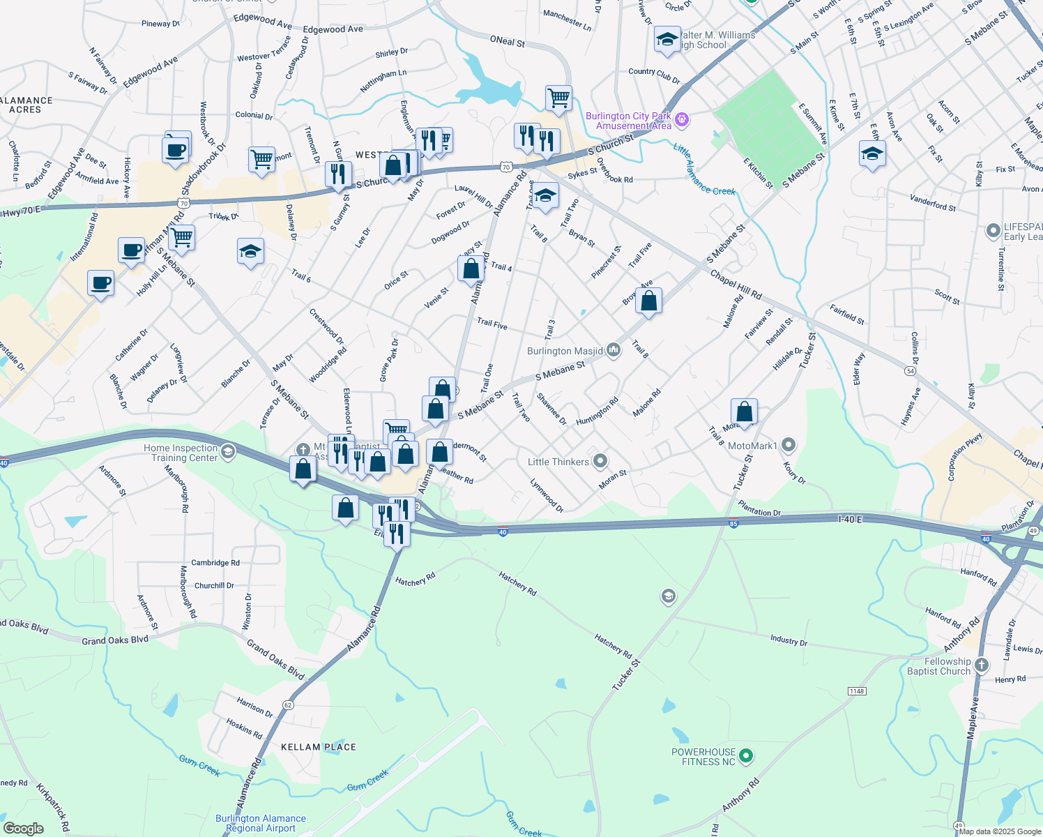 map of restaurants, bars, coffee shops, grocery stores, and more near 600 Trail 3 in Burlington