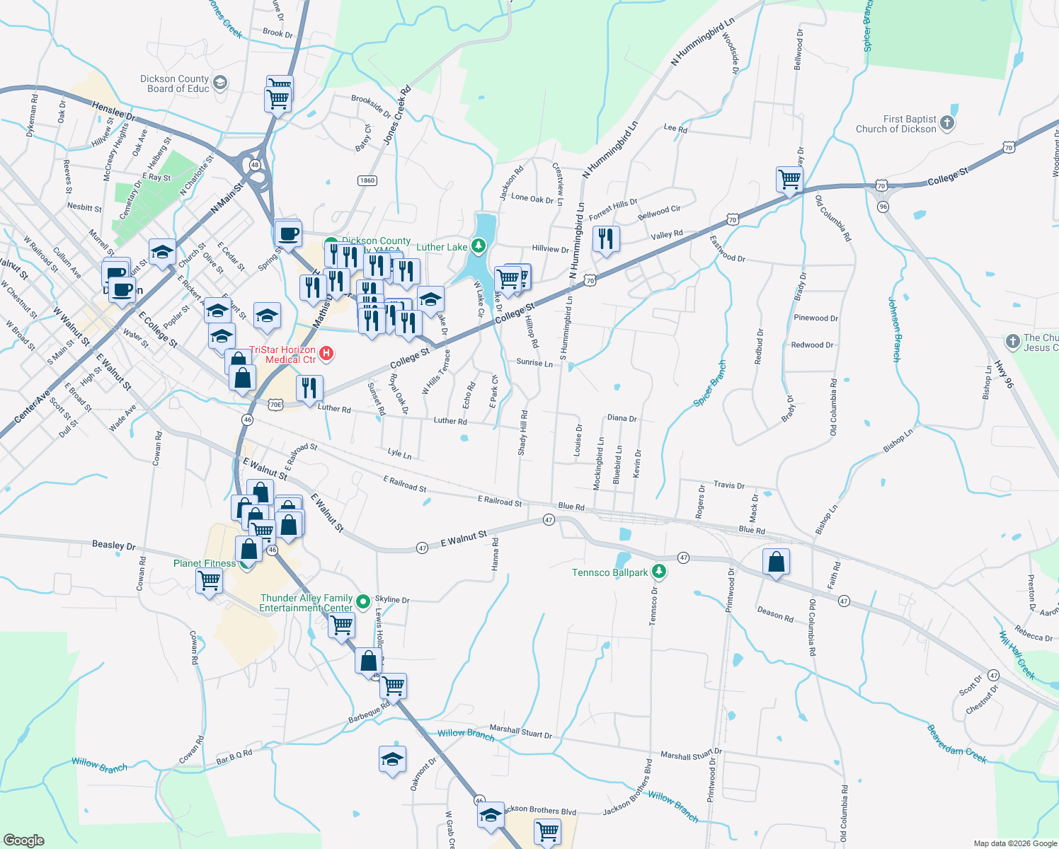 map of restaurants, bars, coffee shops, grocery stores, and more near 207 Shady Hill Rd in Dickson