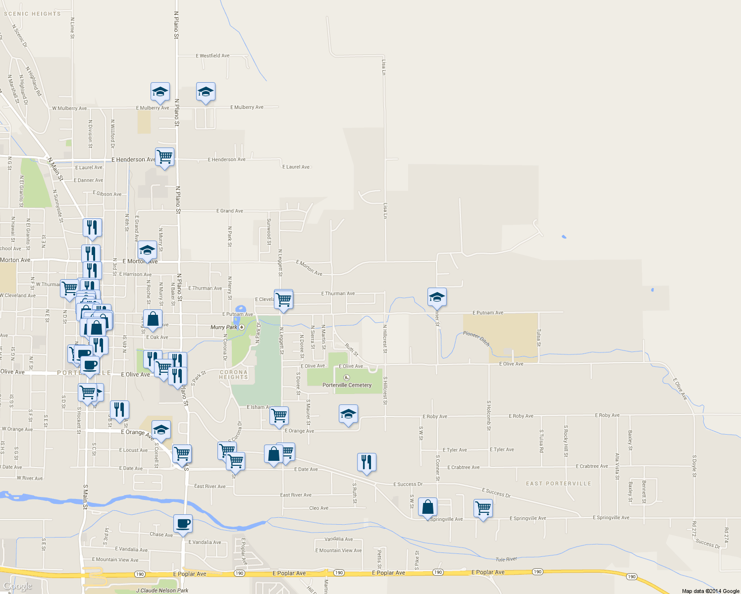 map of restaurants, bars, coffee shops, grocery stores, and more near 1151 East Thurman Avenue in Porterville