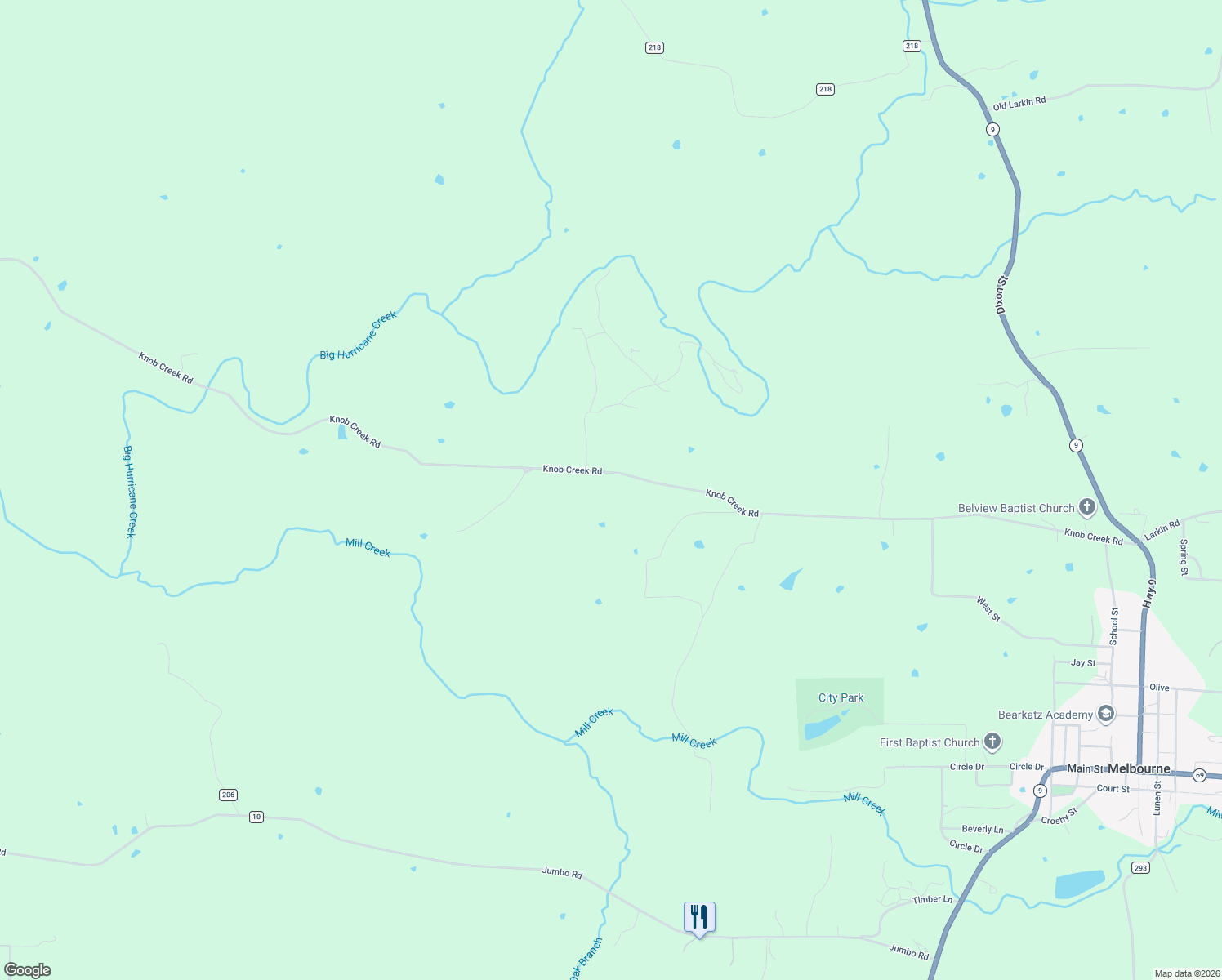 map of restaurants, bars, coffee shops, grocery stores, and more near 1610 Knob Creek Road in Melbourne