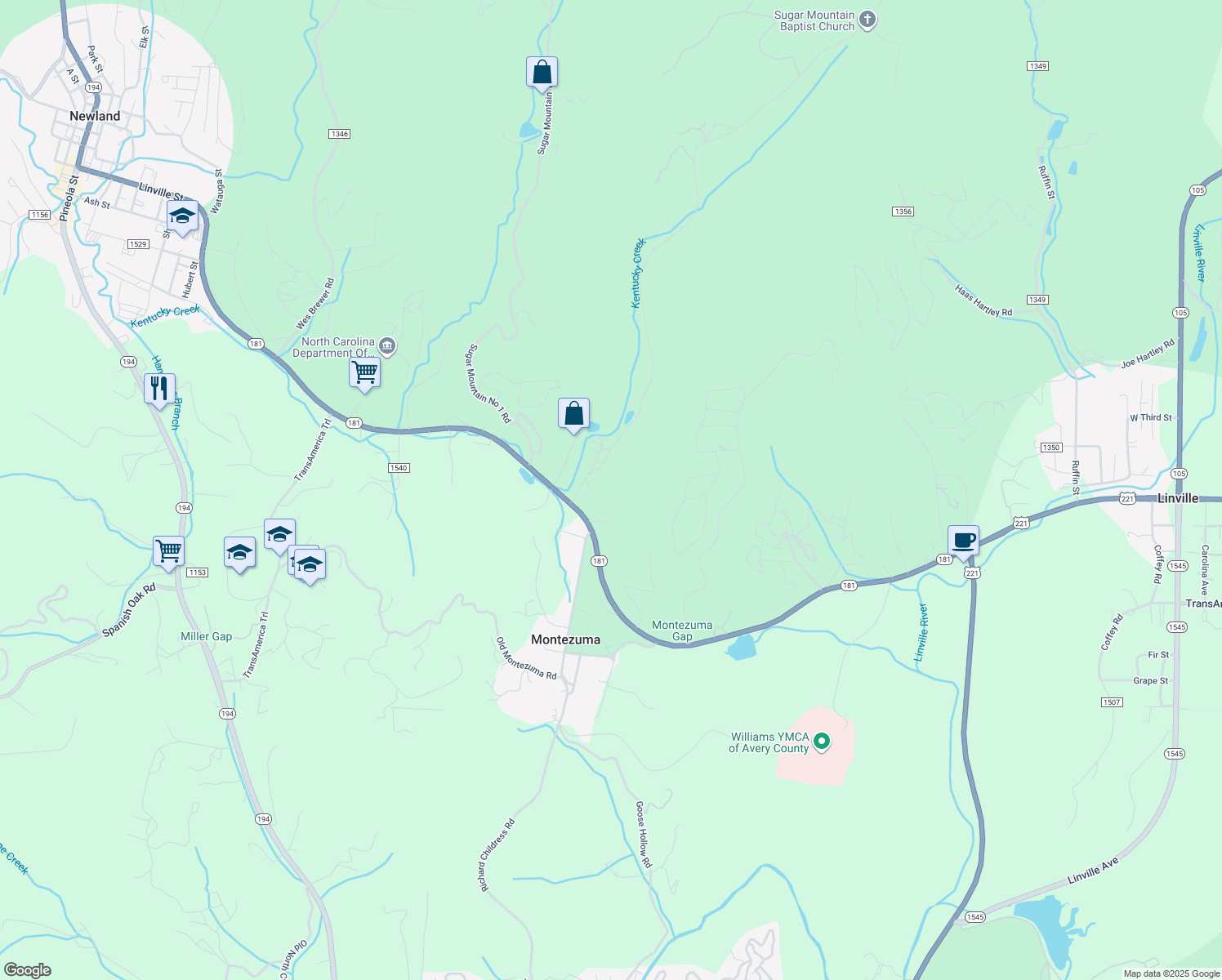 map of restaurants, bars, coffee shops, grocery stores, and more near 110 Sugar Mountain 2 Road in Newland