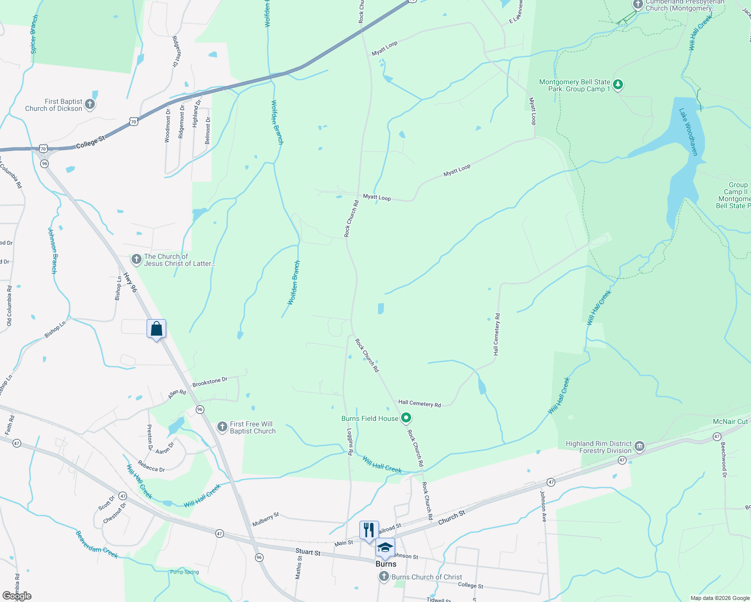 map of restaurants, bars, coffee shops, grocery stores, and more near 605 Buddy Rd in Burns