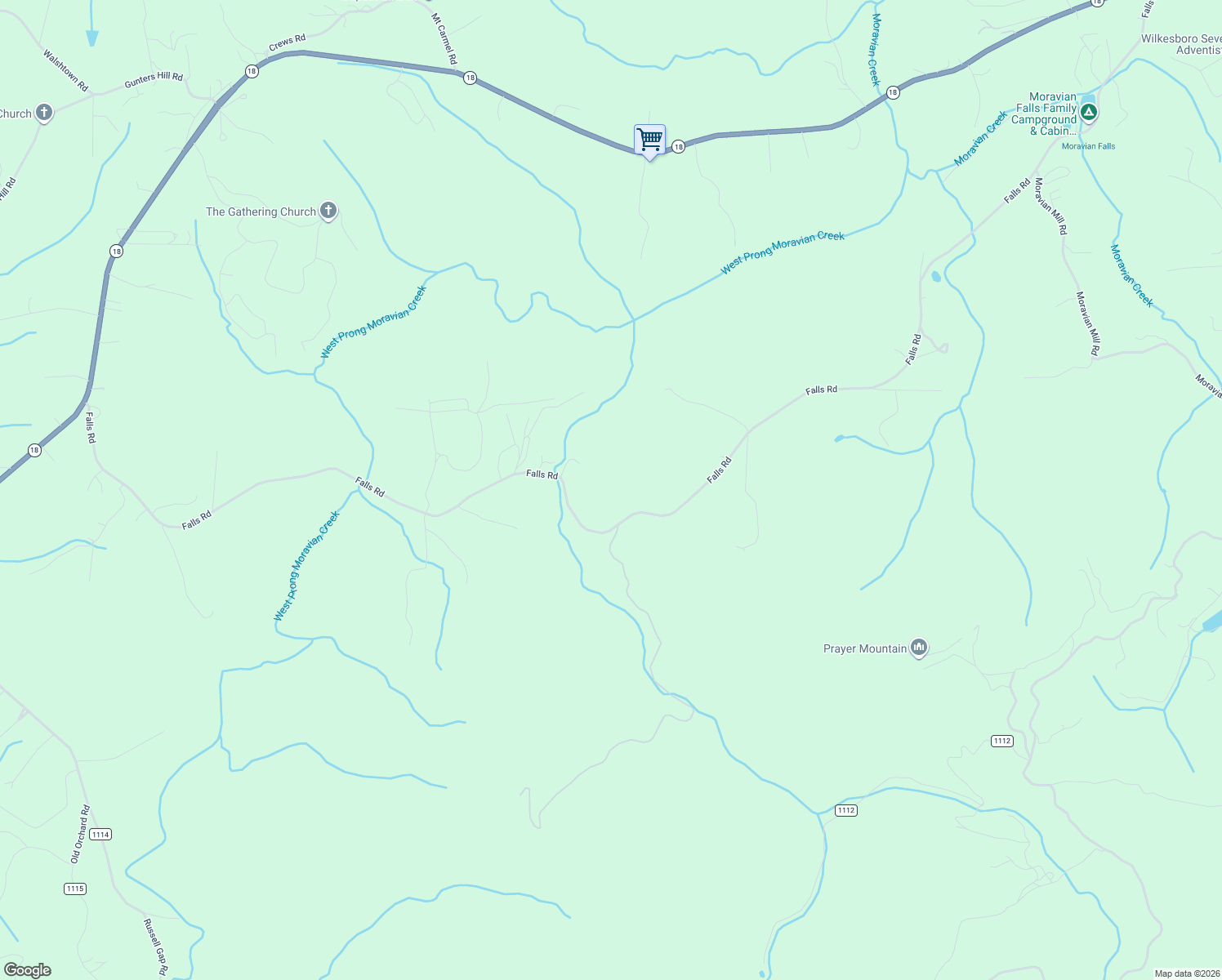 map of restaurants, bars, coffee shops, grocery stores, and more near Falls Road in Moravian Falls