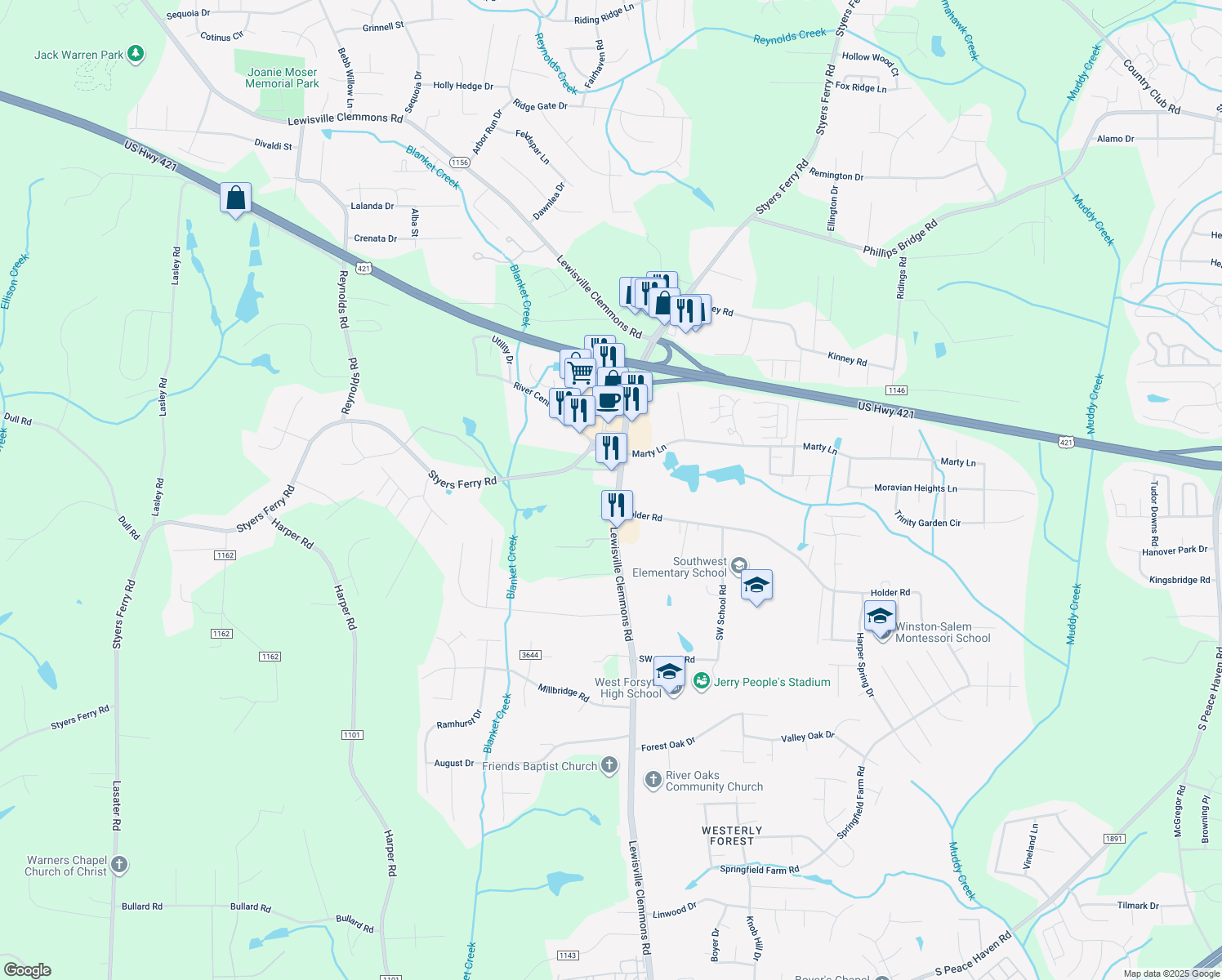 map of restaurants, bars, coffee shops, grocery stores, and more near 1532 Lewisville Clemmons Road in Clemmons