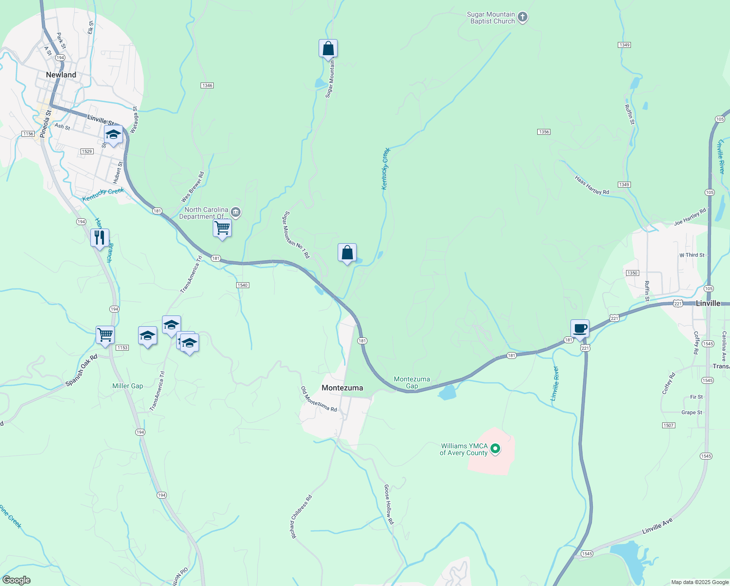 map of restaurants, bars, coffee shops, grocery stores, and more near 110 Sugar Mountain 2 Road in Newland