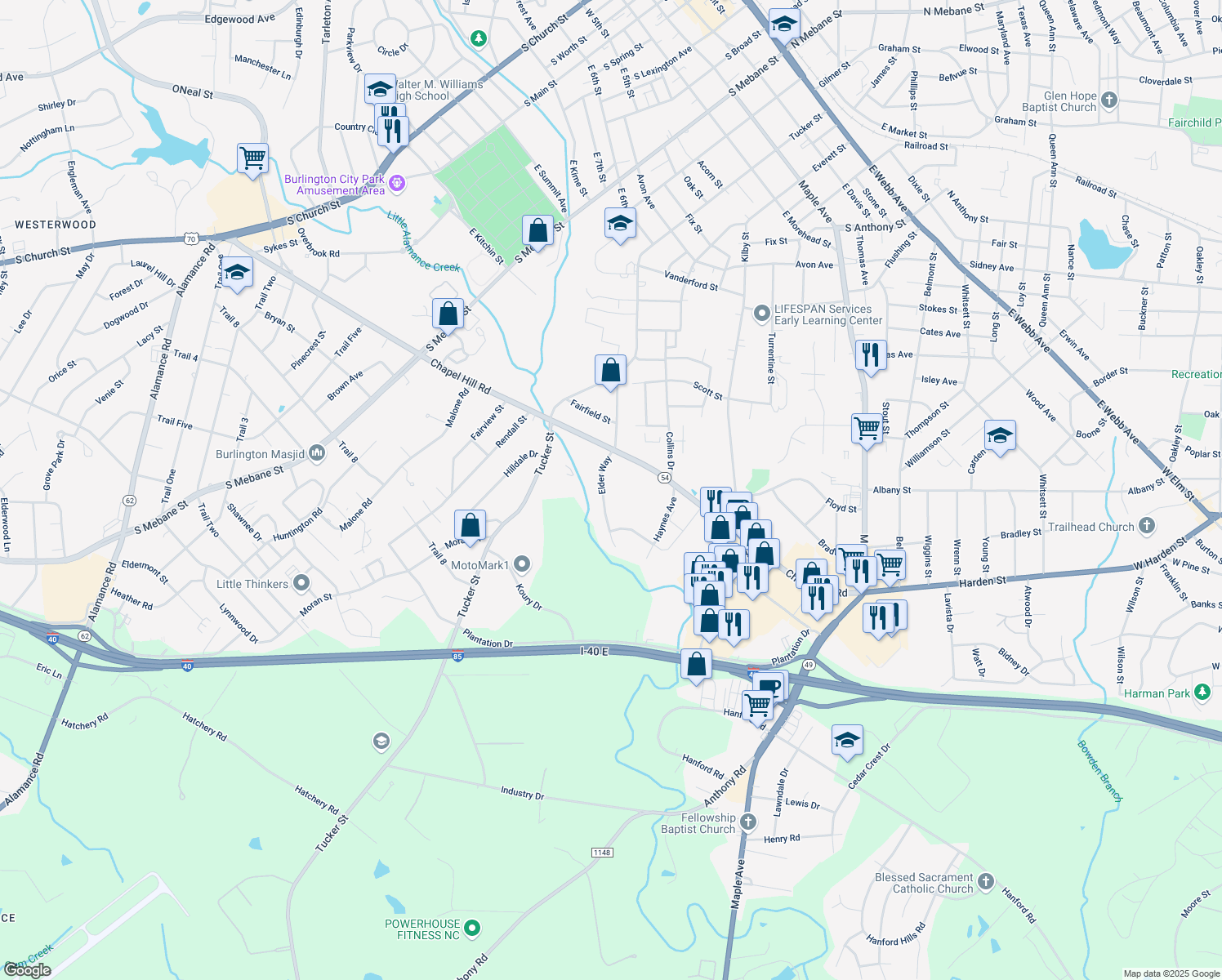 map of restaurants, bars, coffee shops, grocery stores, and more near 1614 Elder Way in Burlington