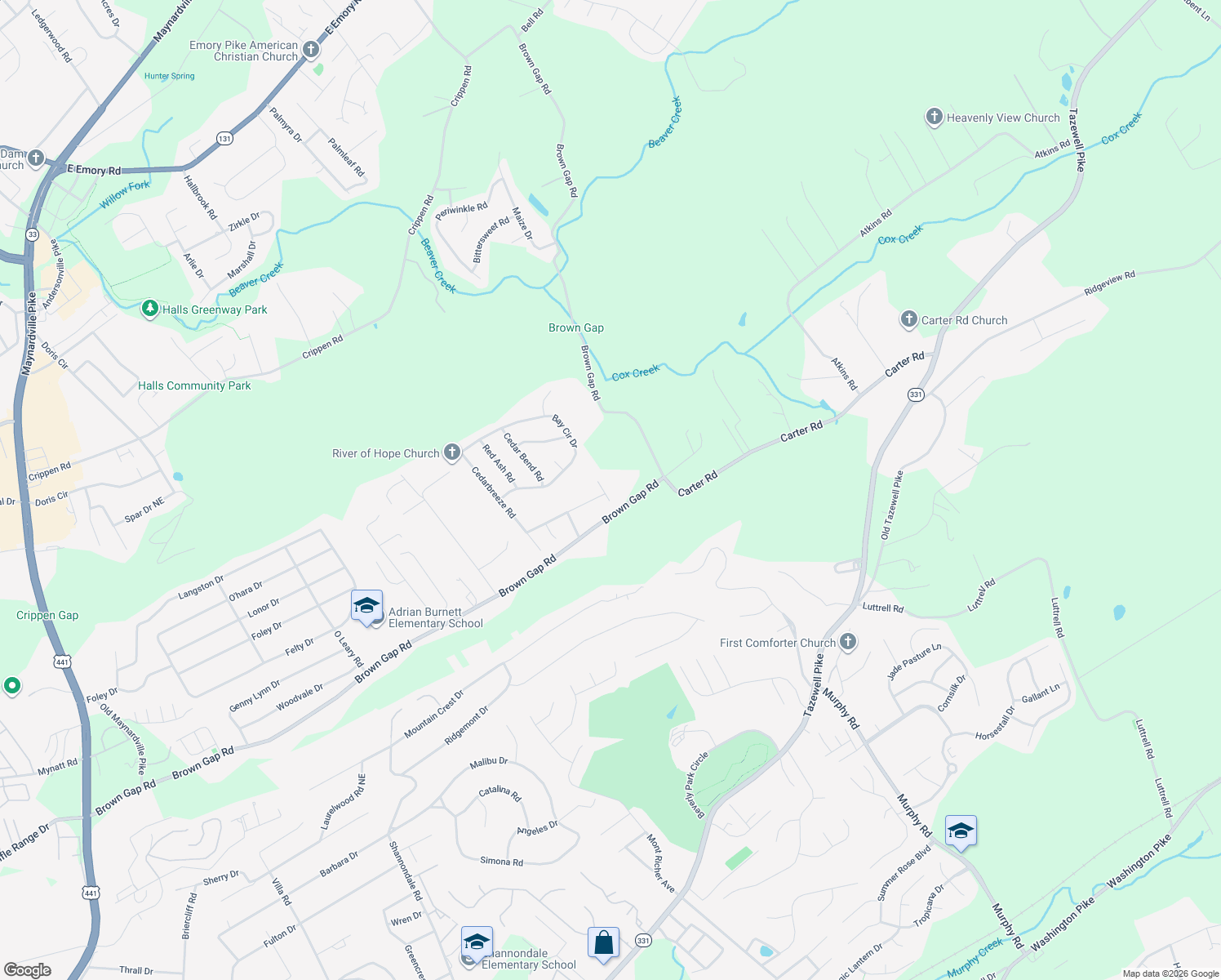 map of restaurants, bars, coffee shops, grocery stores, and more near 6410 Walnut Breeze Lane in Knoxville