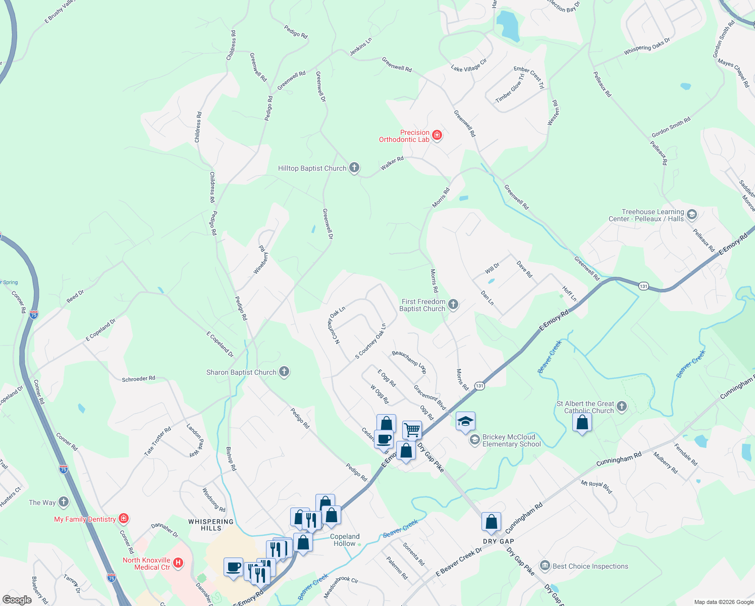 map of restaurants, bars, coffee shops, grocery stores, and more near 1426 S Courtney Oak Ln in Knoxville