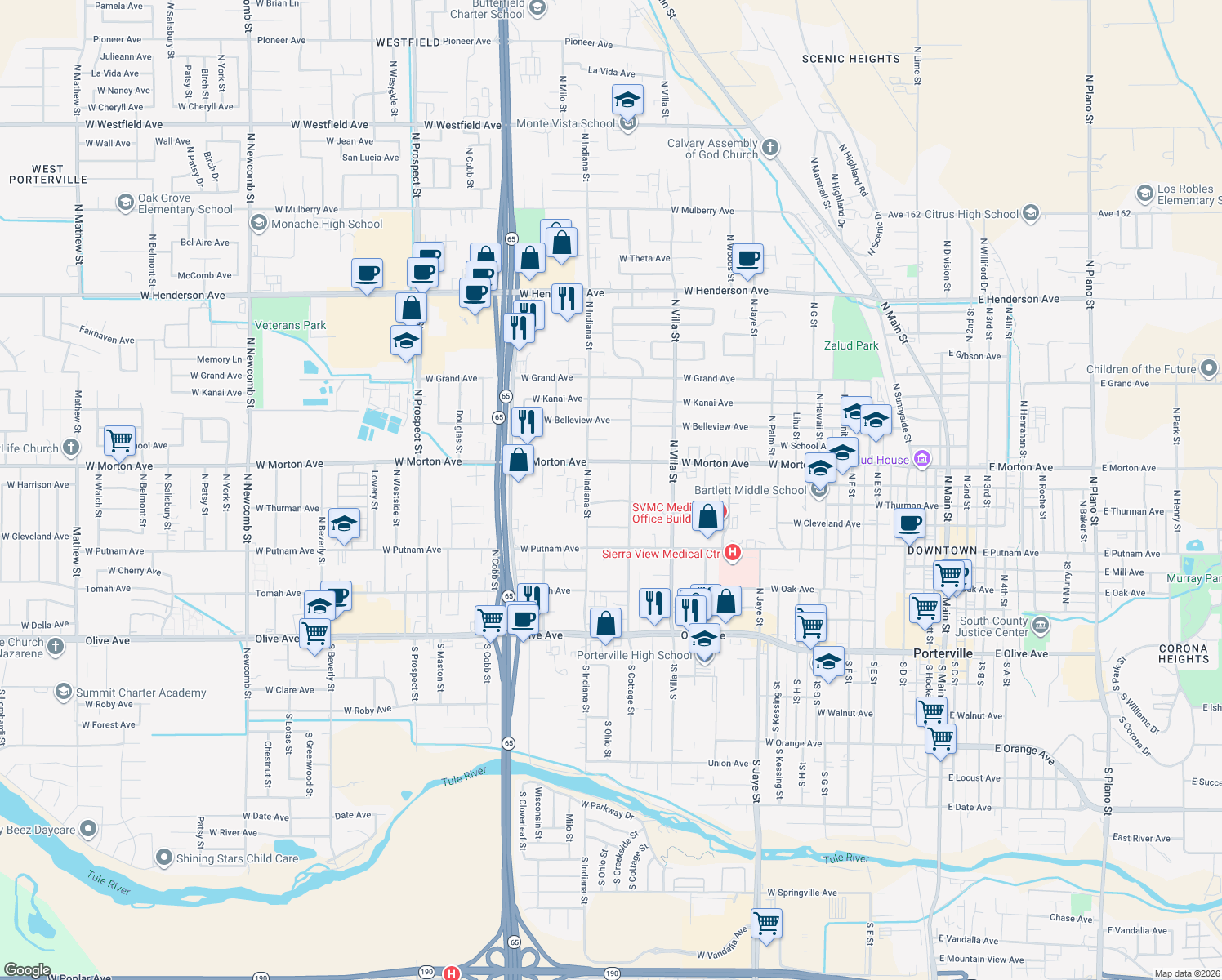 map of restaurants, bars, coffee shops, grocery stores, and more near 346 Ohio Circle in Porterville