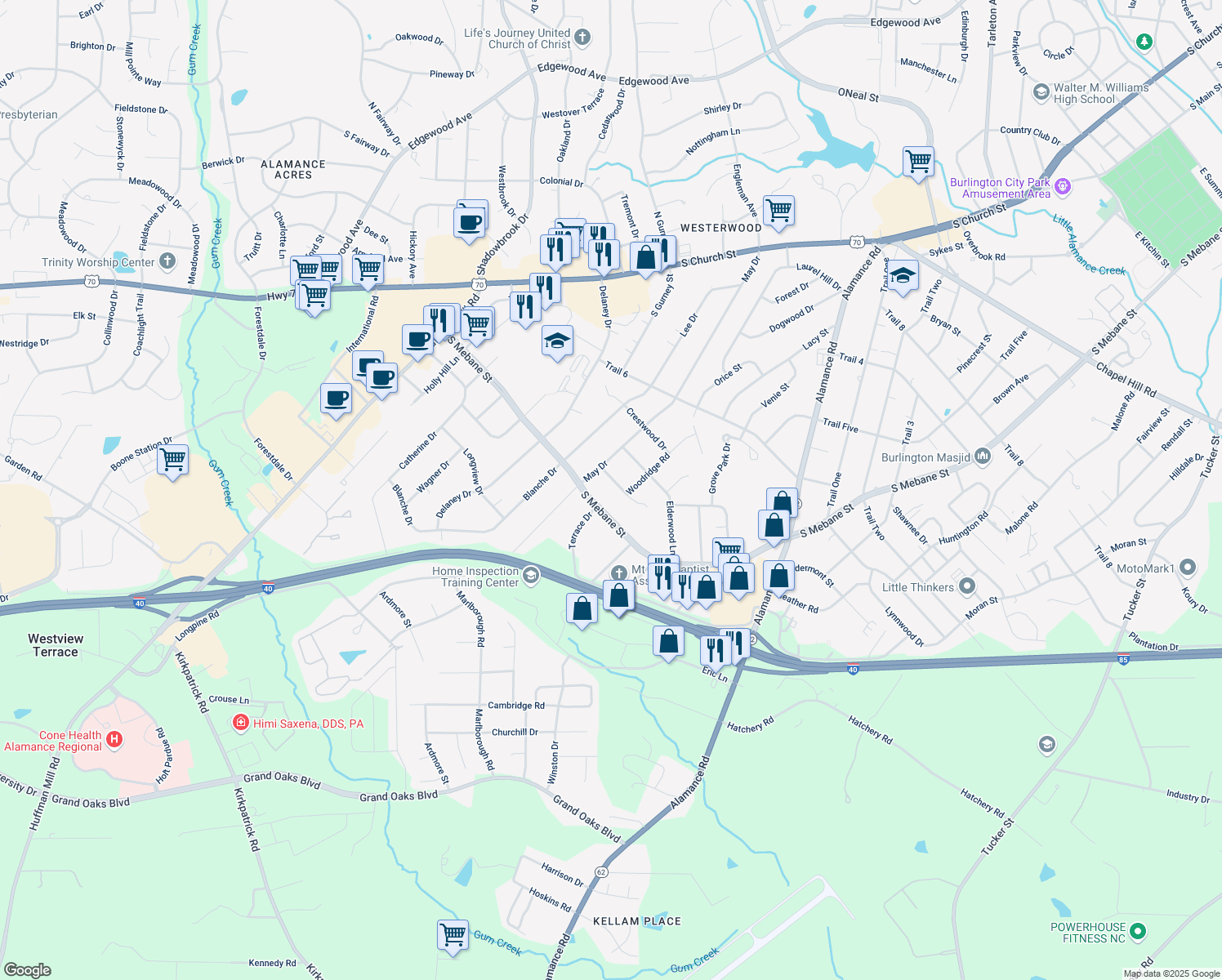 map of restaurants, bars, coffee shops, grocery stores, and more near 2709 Sumac Ln in Burlington