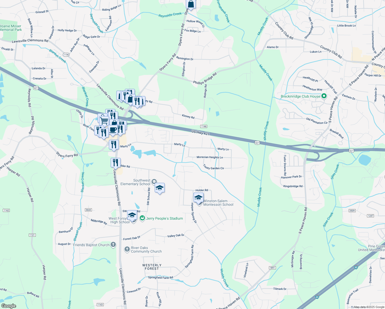 map of restaurants, bars, coffee shops, grocery stores, and more near 5553 Moravian Heights Lane in Clemmons