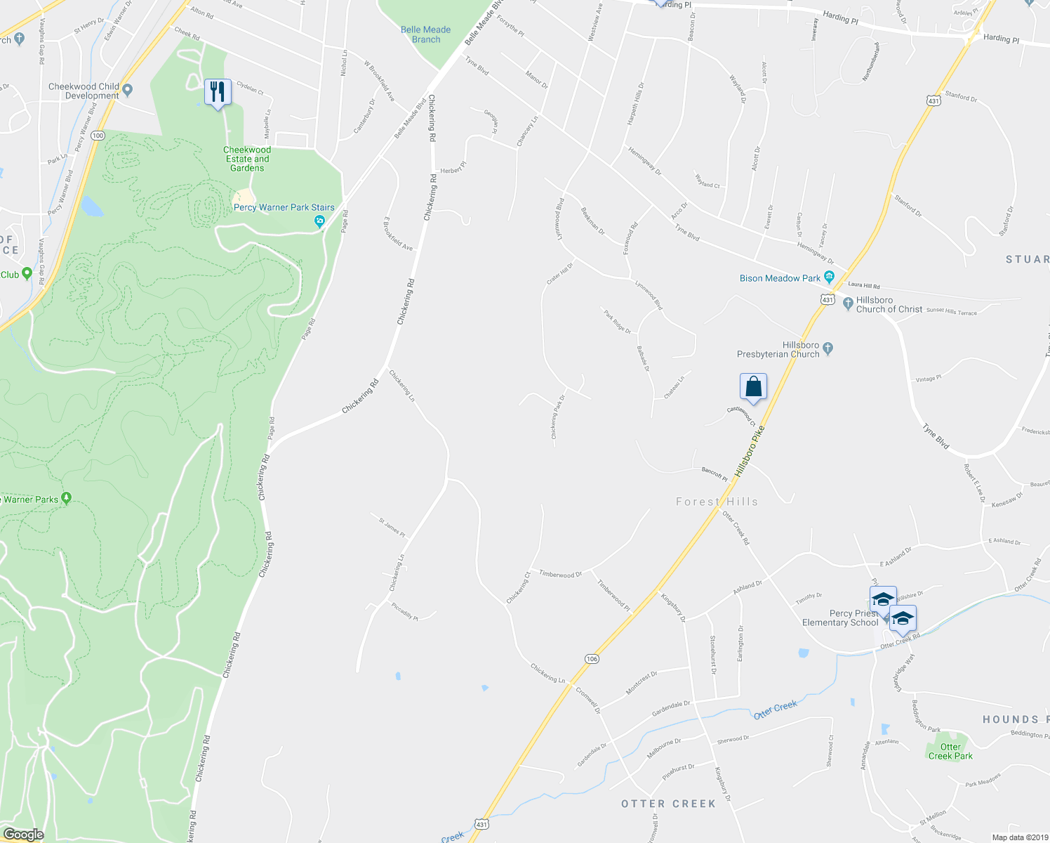 map of restaurants, bars, coffee shops, grocery stores, and more near 2513 Ridgewood Drive in Nashville