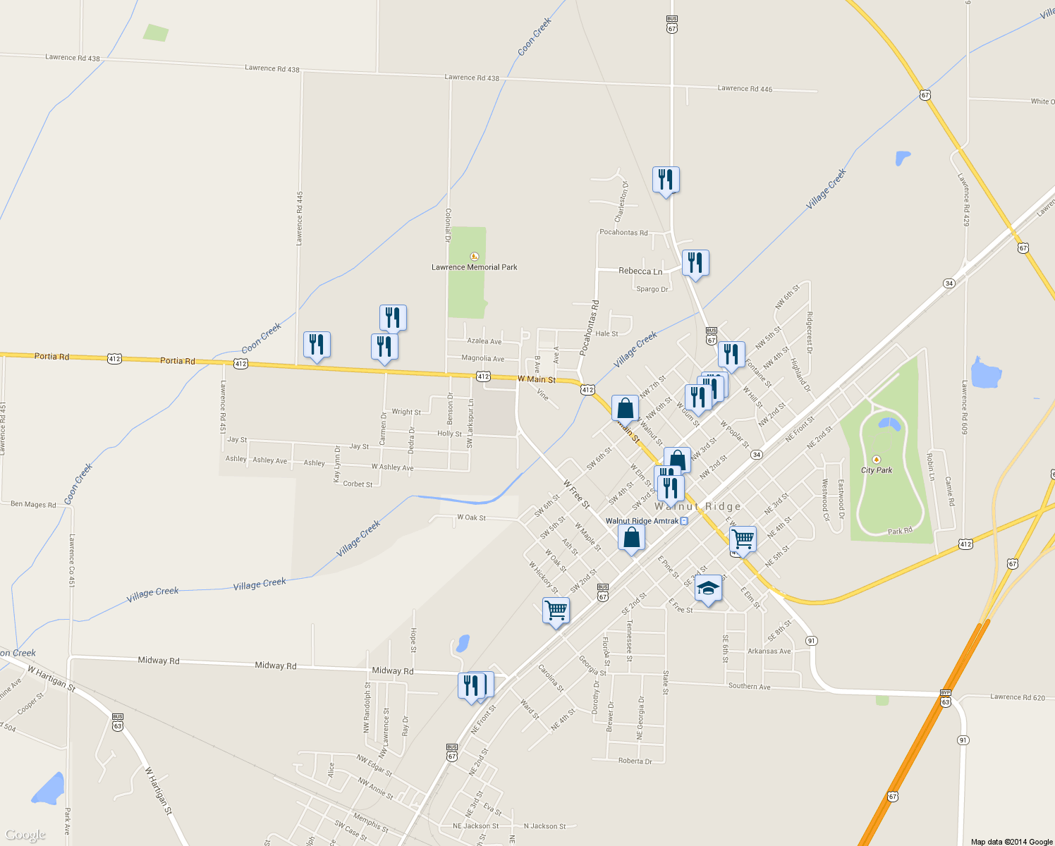 map of restaurants, bars, coffee shops, grocery stores, and more near 936 West Free Street in Walnut Ridge