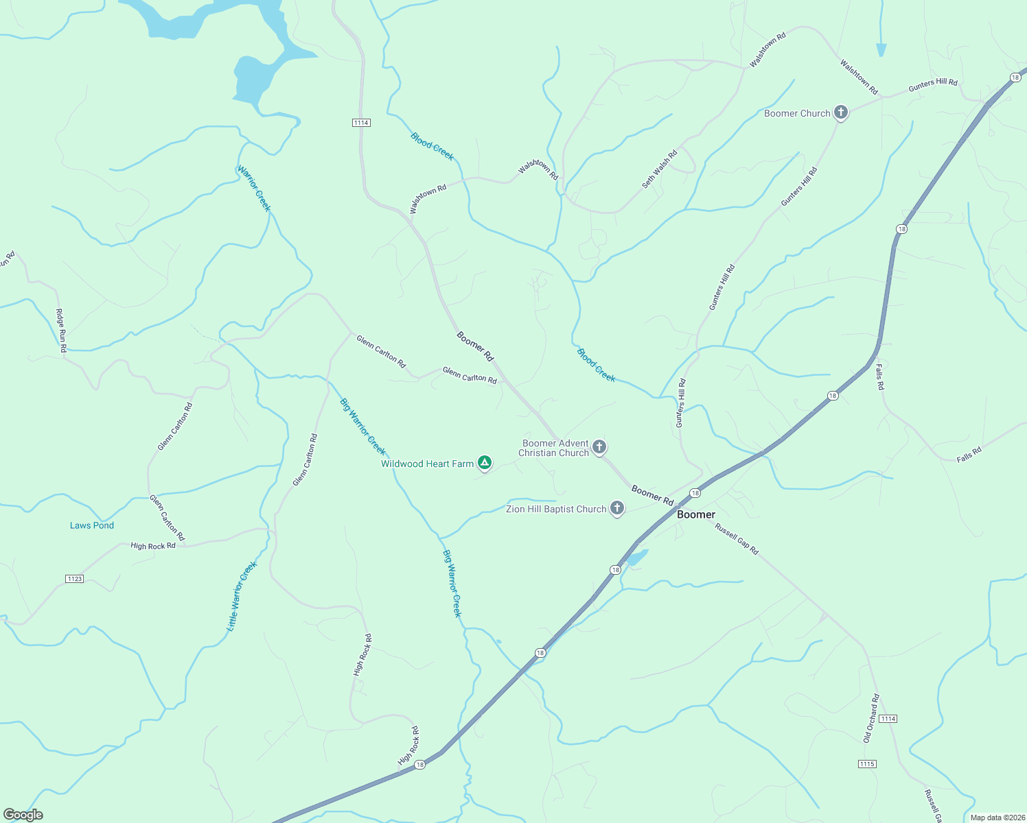 map of restaurants, bars, coffee shops, grocery stores, and more near 2102 Boomer Road in Boomer