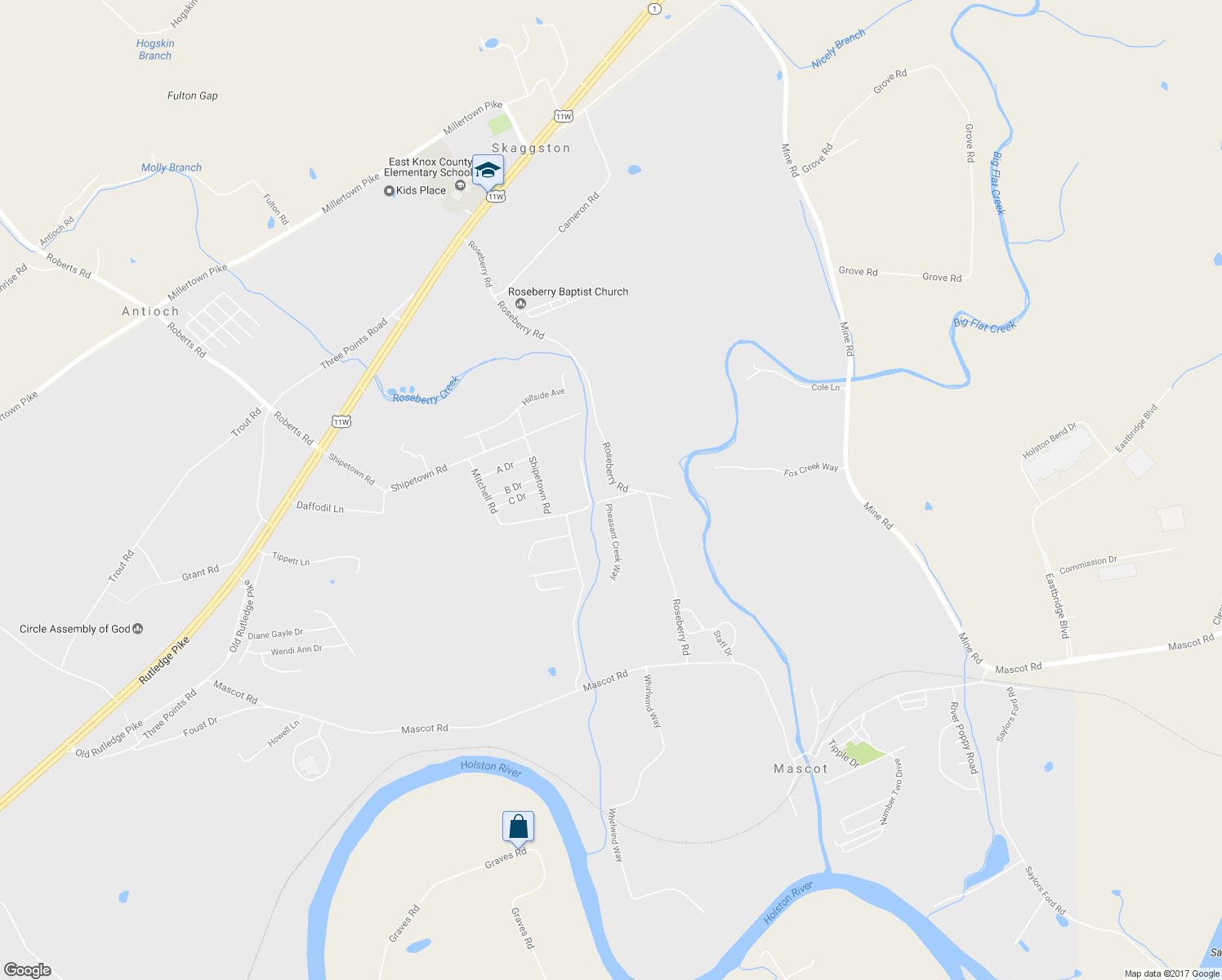 map of restaurants, bars, coffee shops, grocery stores, and more near 2307 Roseberry Road in Mascot