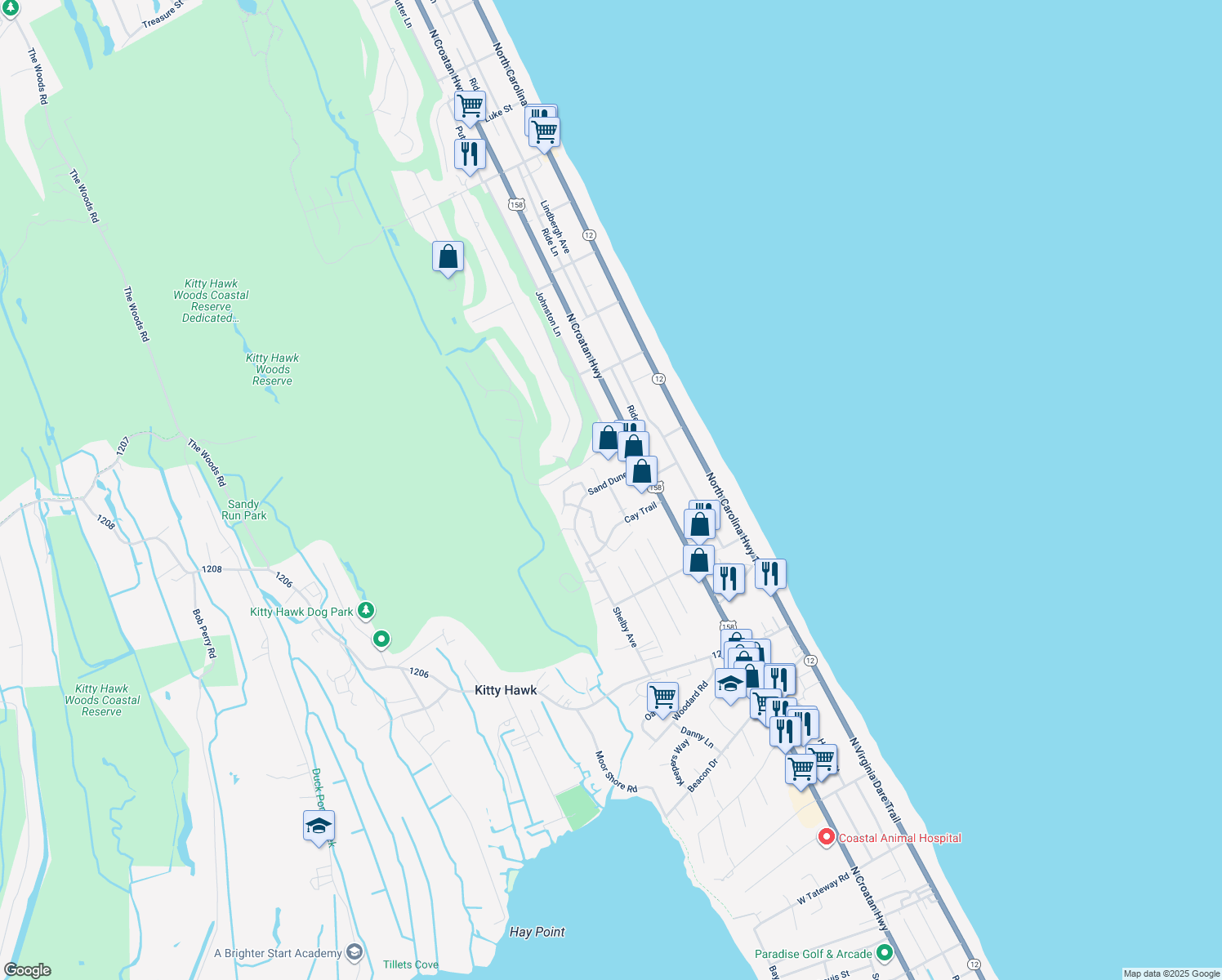 map of restaurants, bars, coffee shops, grocery stores, and more near 204 Angler Way in Kitty Hawk