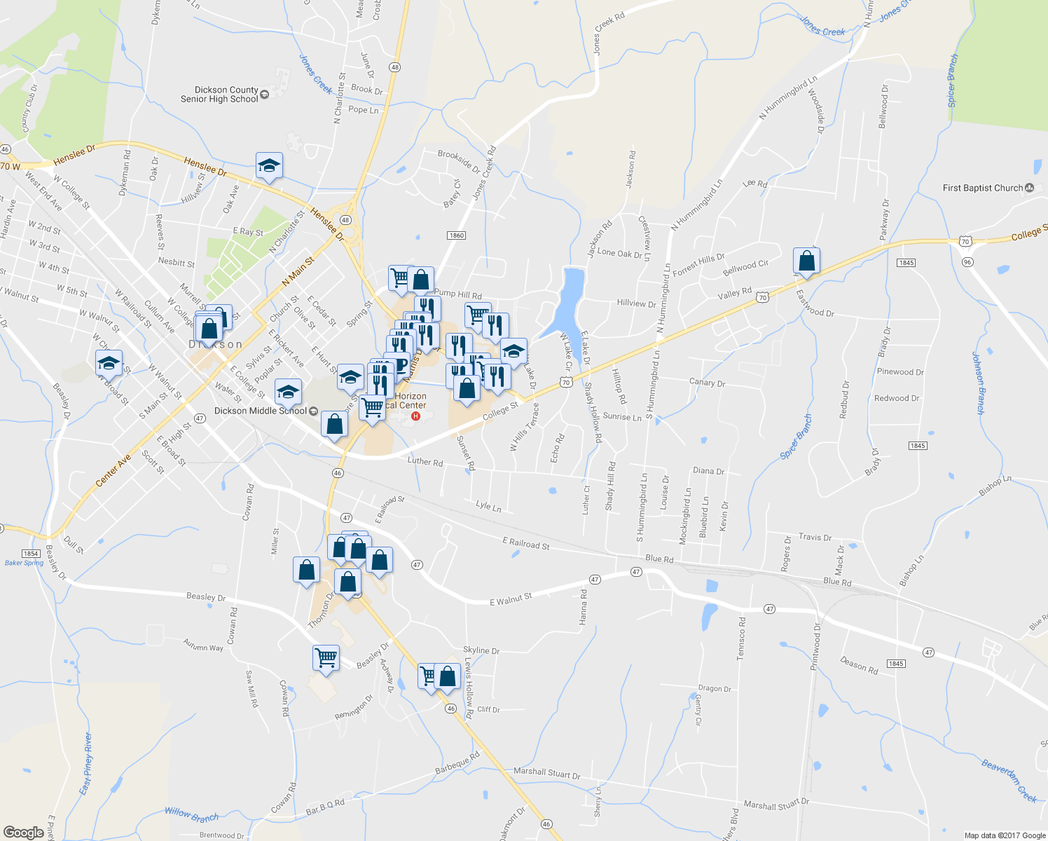 map of restaurants, bars, coffee shops, grocery stores, and more near 100 East Hills Terrace in Dickson