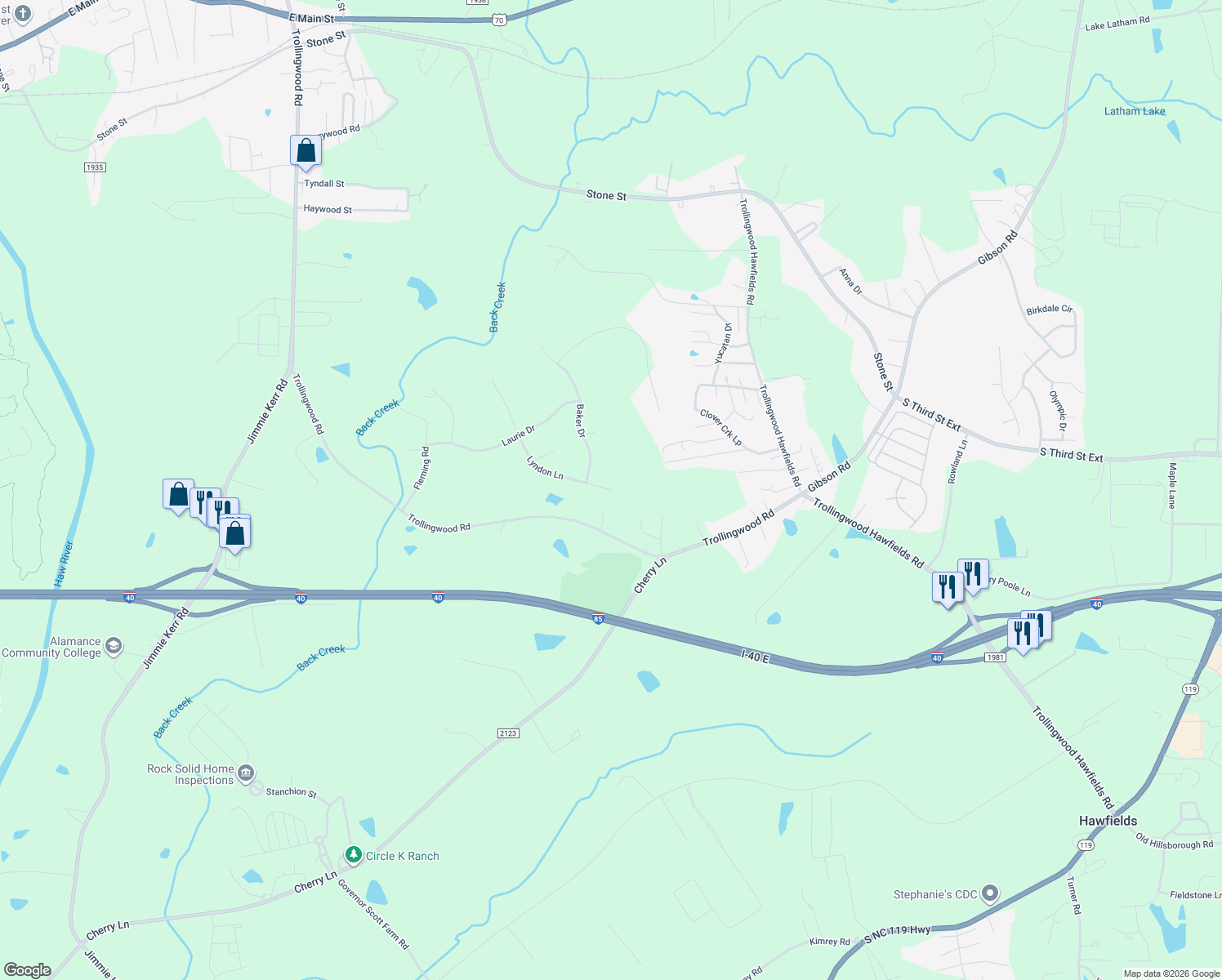 map of restaurants, bars, coffee shops, grocery stores, and more near 1098 Lyndon Ln in Haw River