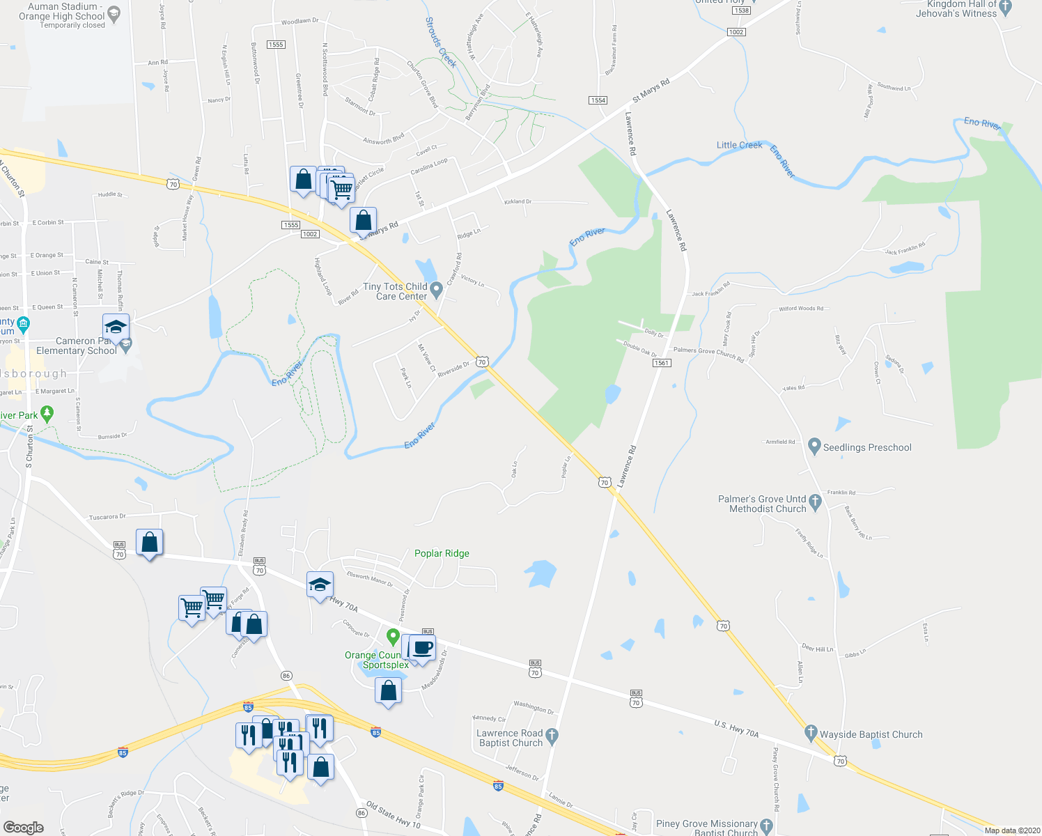 map of restaurants, bars, coffee shops, grocery stores, and more near 1901 U.S. 70 in Hillsborough