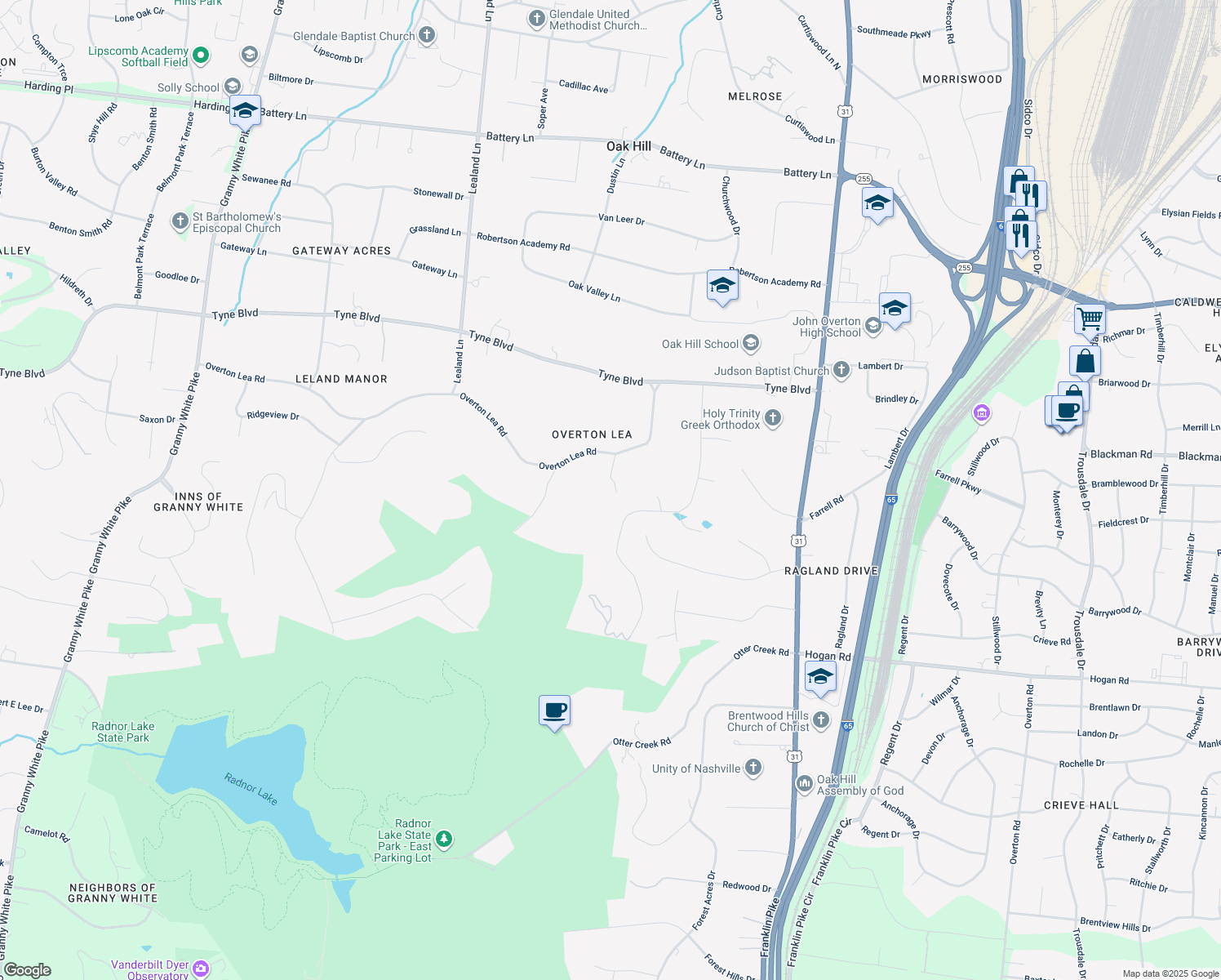 map of restaurants, bars, coffee shops, grocery stores, and more near 917 Overton Lea Road in Nashville