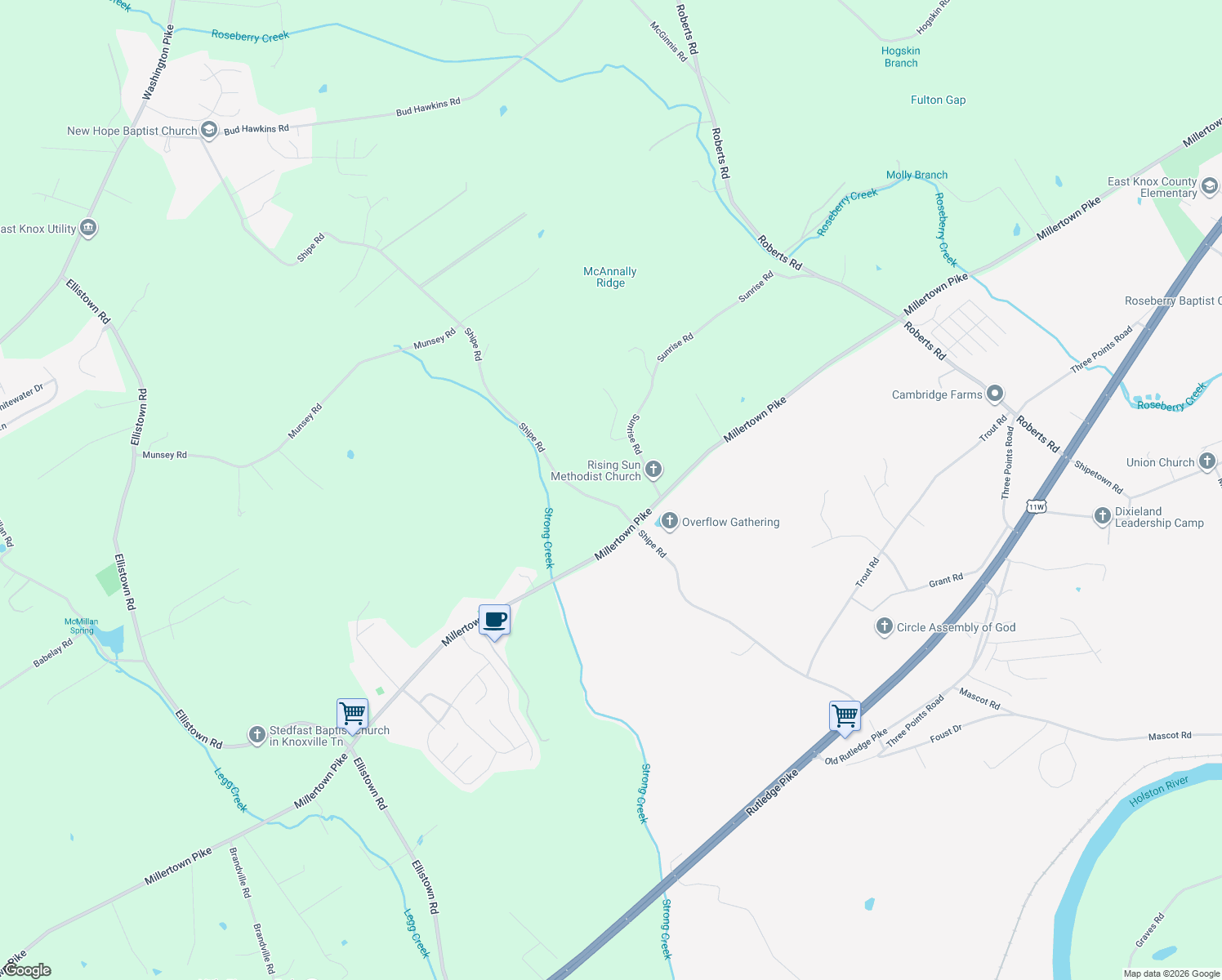 map of restaurants, bars, coffee shops, grocery stores, and more near 3322 Shipe Road in Corryton