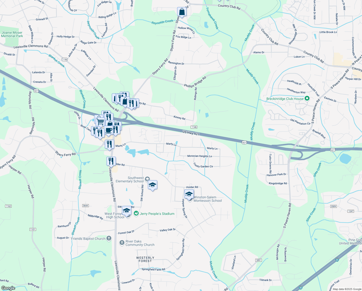 map of restaurants, bars, coffee shops, grocery stores, and more near 5735 Marty Lane in Clemmons