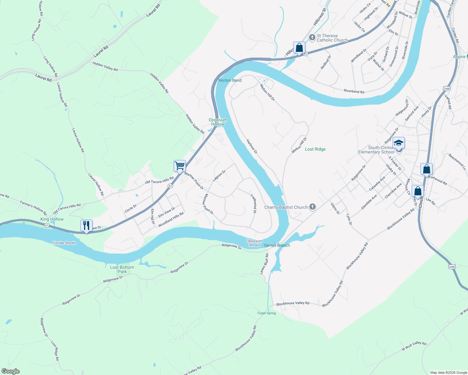 map of restaurants, bars, coffee shops, grocery stores, and more near 206 Mariner Point Dr in Clinton
