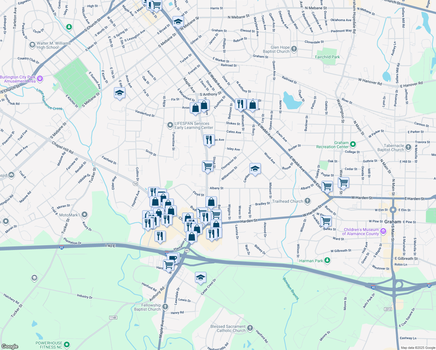 map of restaurants, bars, coffee shops, grocery stores, and more near 1811 Belmont St in Burlington