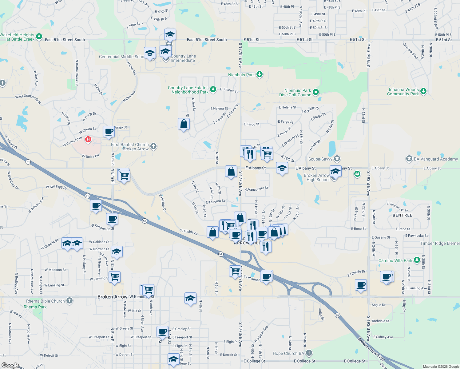map of restaurants, bars, coffee shops, grocery stores, and more near 824 E Vancouver St in Broken Arrow