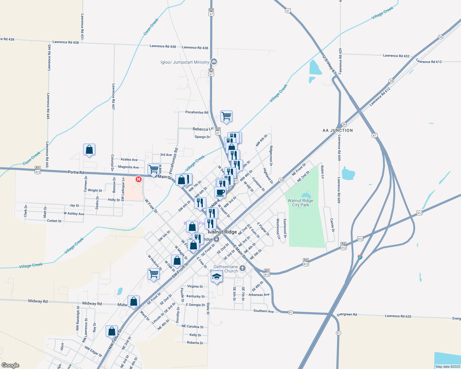 map of restaurants, bars, coffee shops, grocery stores, and more near 498 West Poplar Street in Walnut Ridge