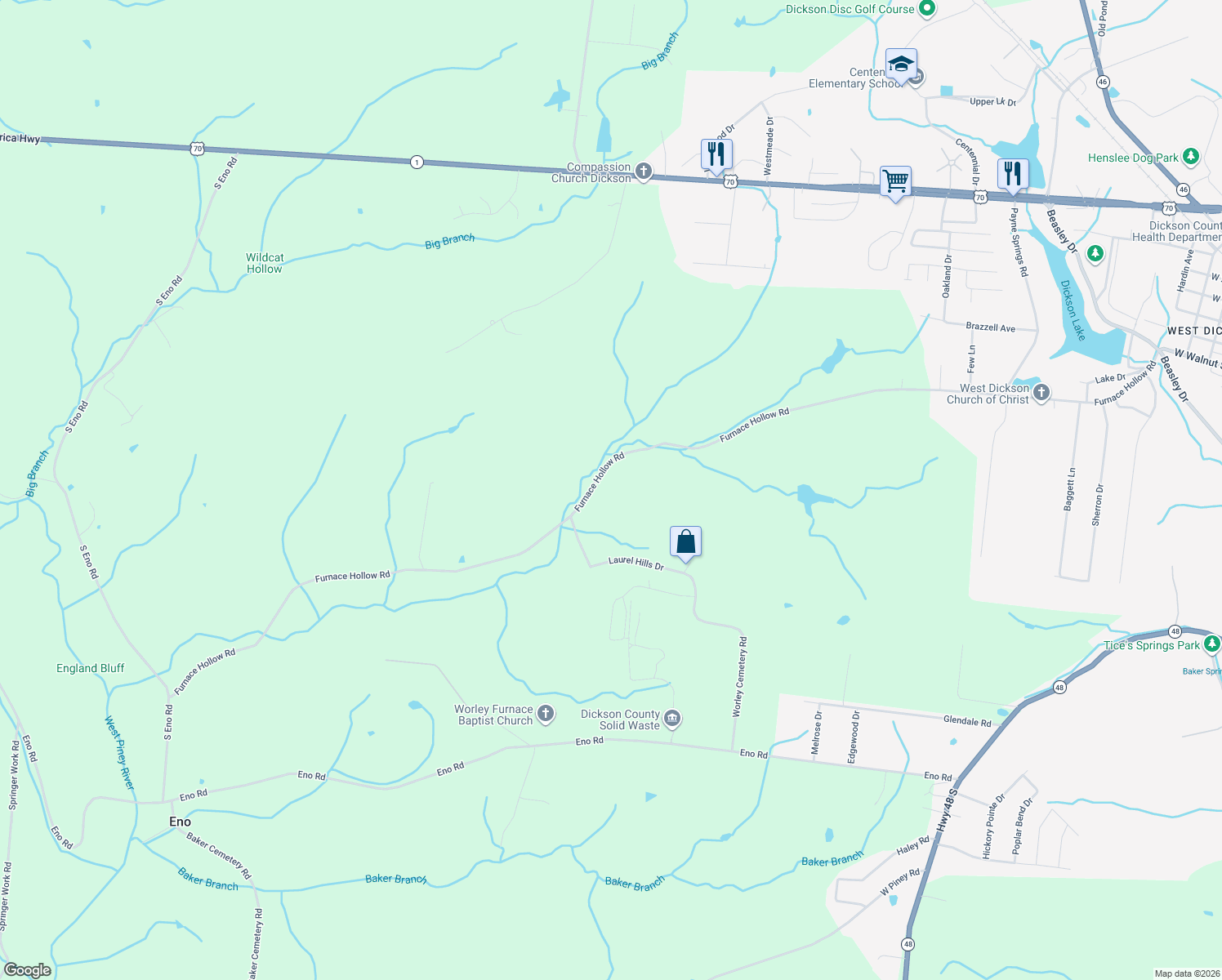 map of restaurants, bars, coffee shops, grocery stores, and more near 671-719 Furnace Hollow Road in Dickson