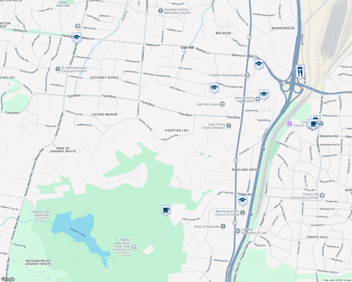 map of restaurants, bars, coffee shops, grocery stores, and more near 919 Overton Lea Road in Nashville
