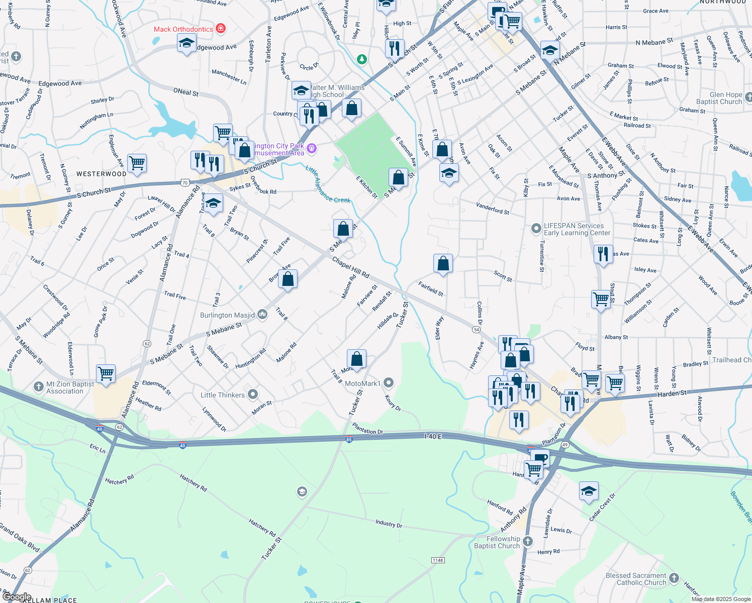 map of restaurants, bars, coffee shops, grocery stores, and more near 1703 Rendall Street in Burlington
