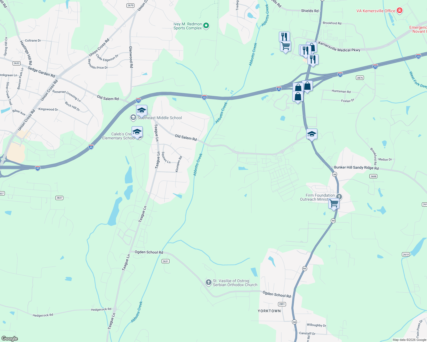 map of restaurants, bars, coffee shops, grocery stores, and more near 1314 Ellis Forest Road in Kernersville