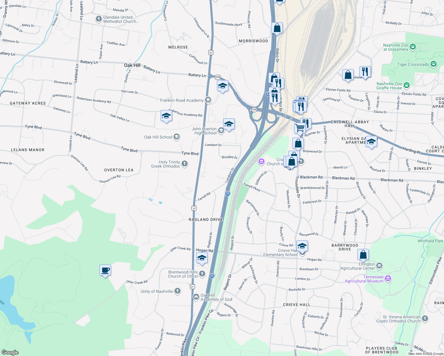 map of restaurants, bars, coffee shops, grocery stores, and more near 710 Farrell Road in Nashville