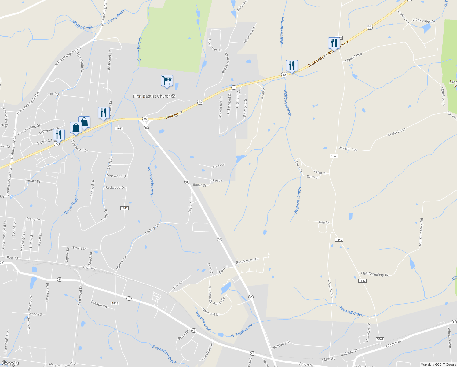 map of restaurants, bars, coffee shops, grocery stores, and more near 112 Rae Lane in Burns
