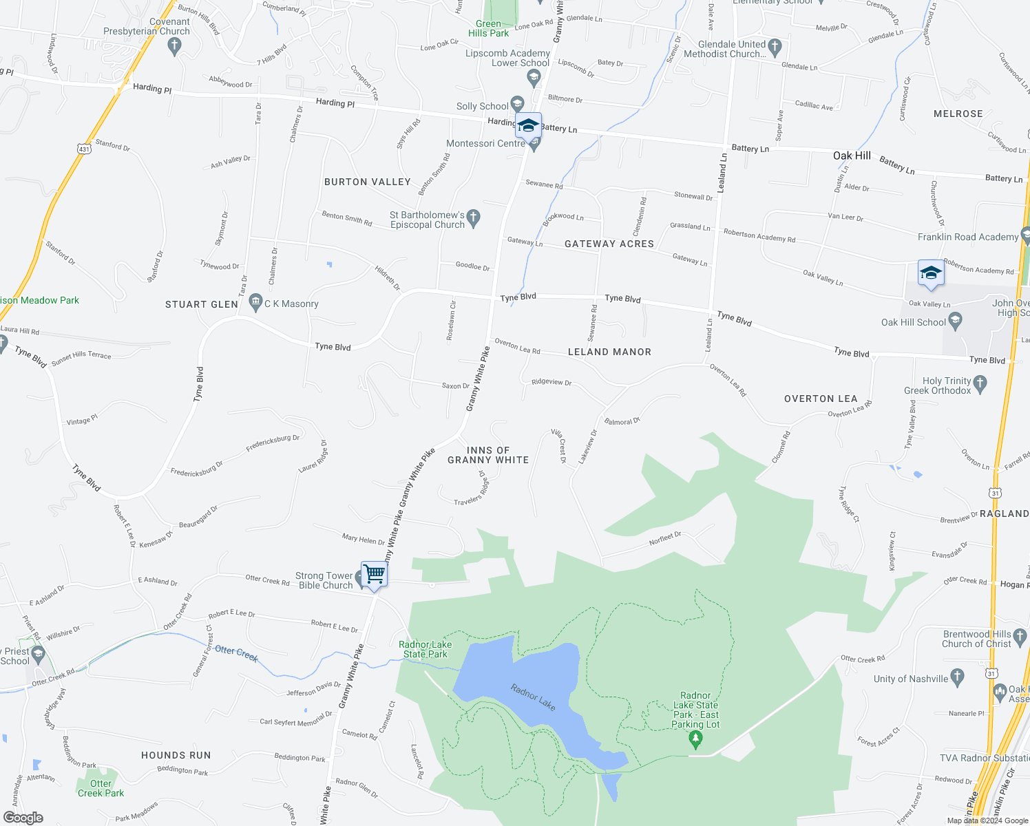 map of restaurants, bars, coffee shops, grocery stores, and more near 906 Travelers Court in Nashville