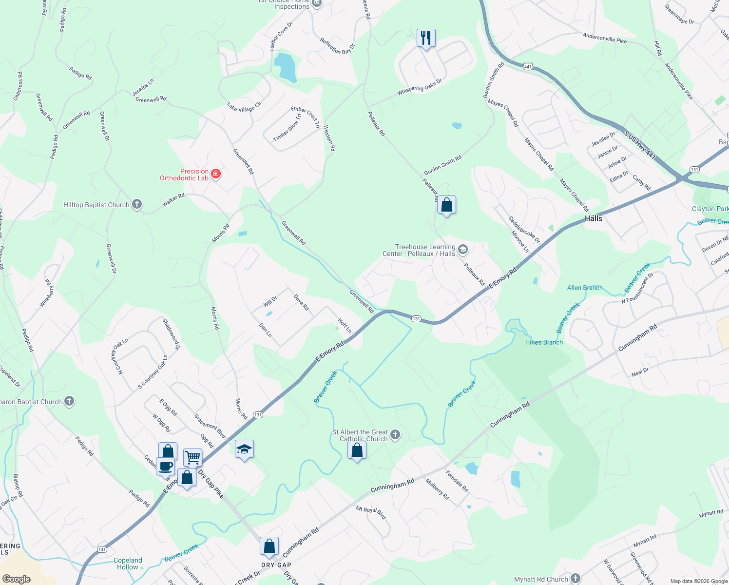 map of restaurants, bars, coffee shops, grocery stores, and more near 2704 Evening Sun Ln in Knoxville