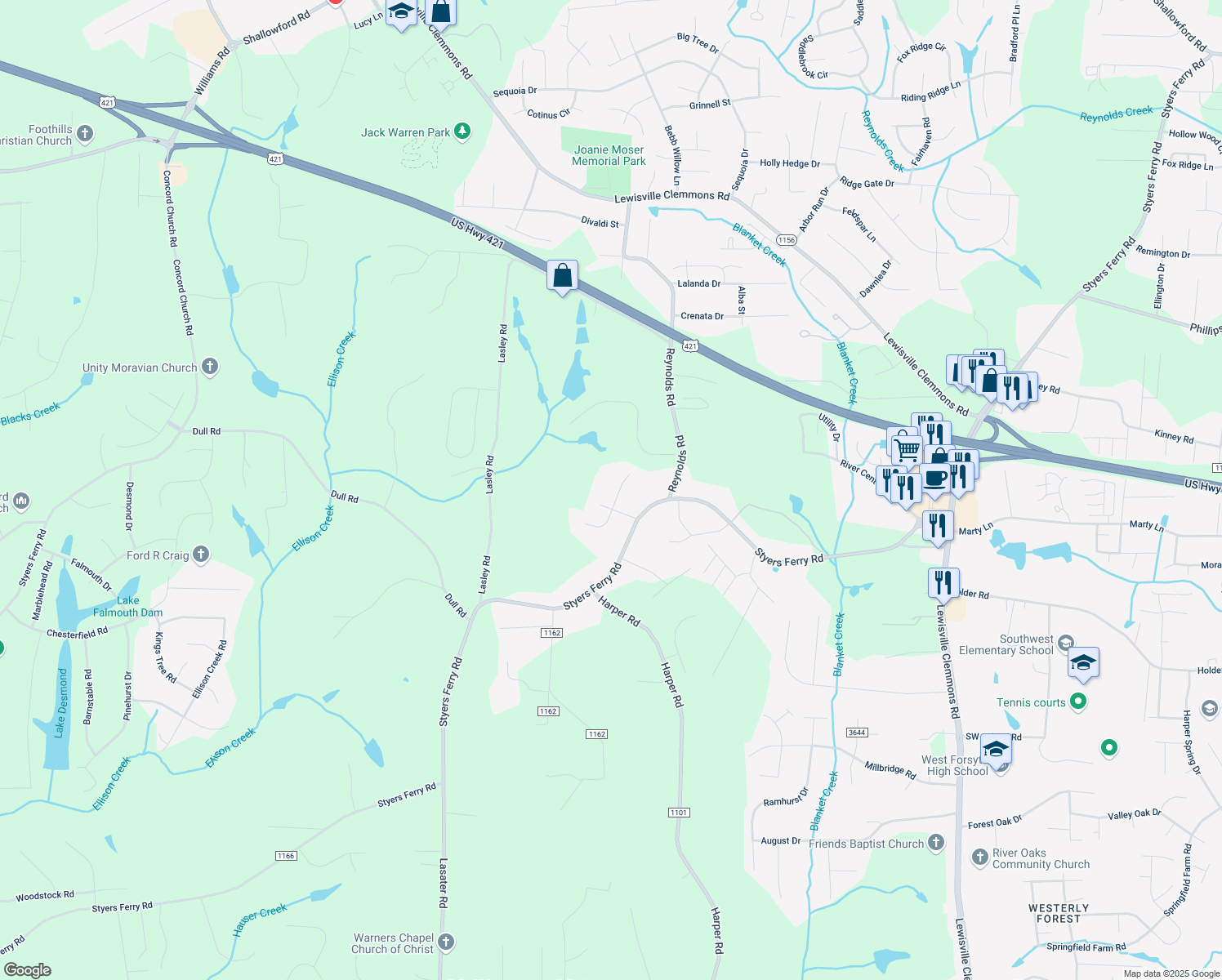 map of restaurants, bars, coffee shops, grocery stores, and more near 6025 Hedgerow Circle in Clemmons