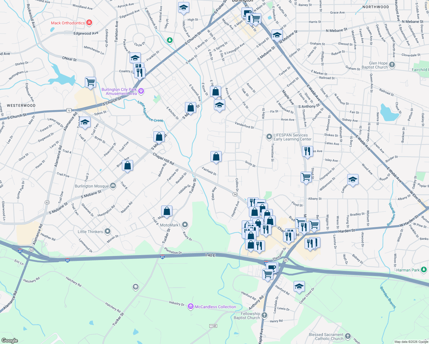 map of restaurants, bars, coffee shops, grocery stores, and more near 738 Fairfield St in Burlington