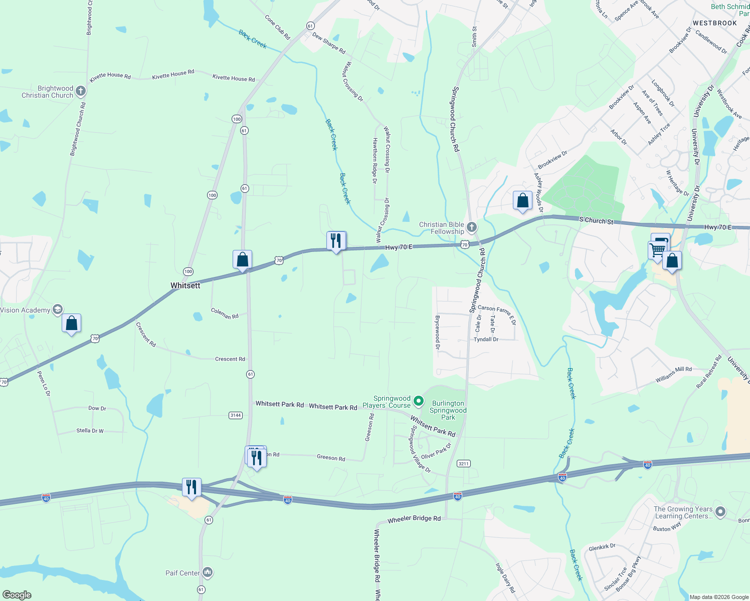 map of restaurants, bars, coffee shops, grocery stores, and more near 109 Frissell Rd in Whitsett